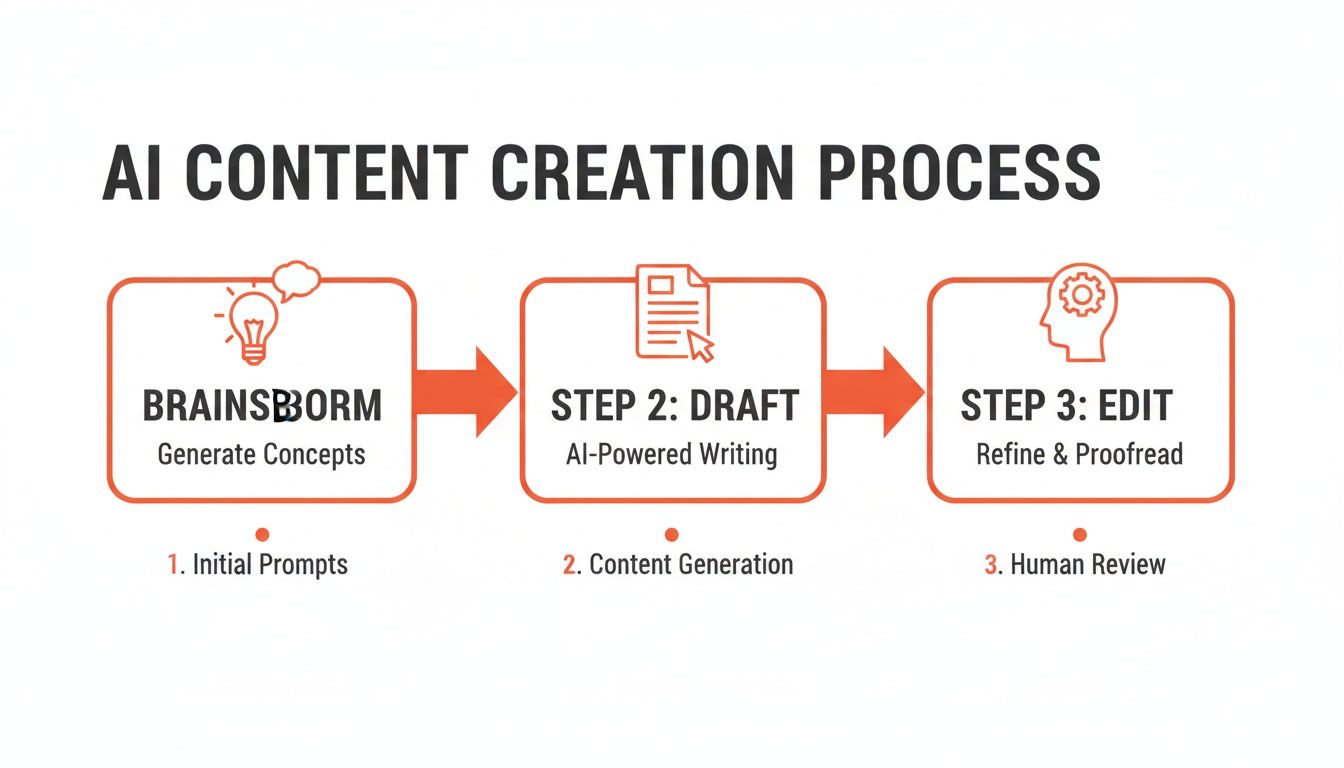 Flowchart illustrating the three-step AI content creation process: brainstorm, draft, and edit.