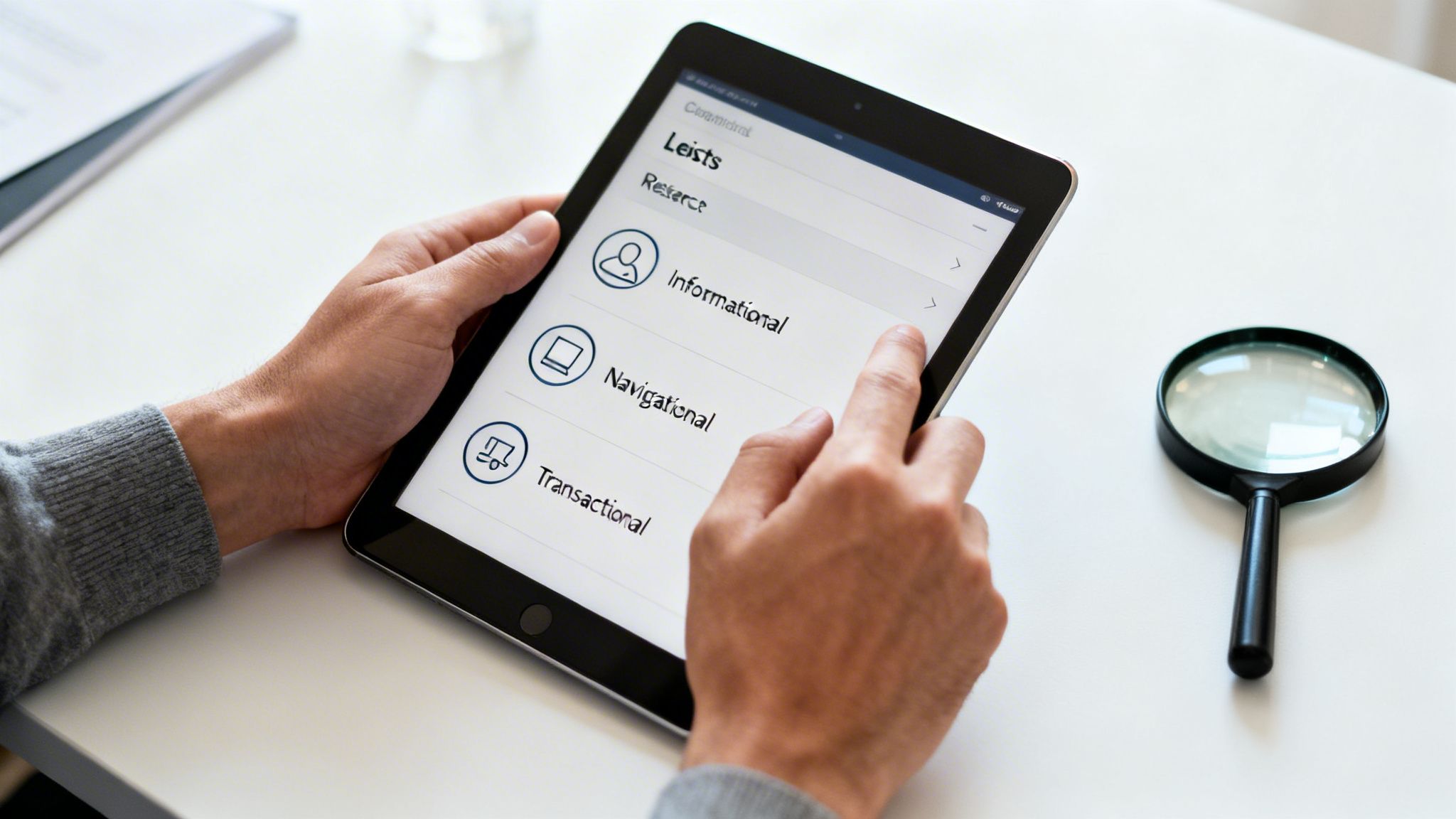 A person interacts with a tablet displaying a menu for web content types, including informational, navigational, and transactional.