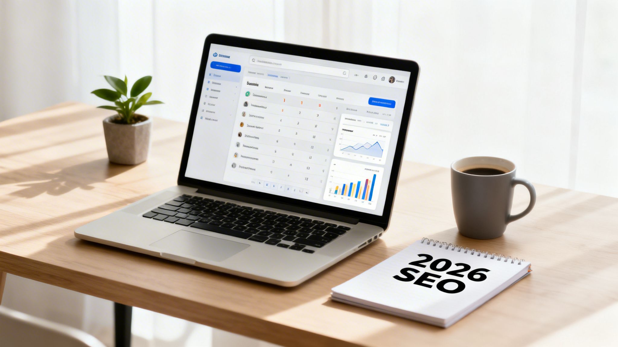 Laptop displaying SEO analytics, a coffee cup, and a '2026 SEO' notebook on a wooden desk.
