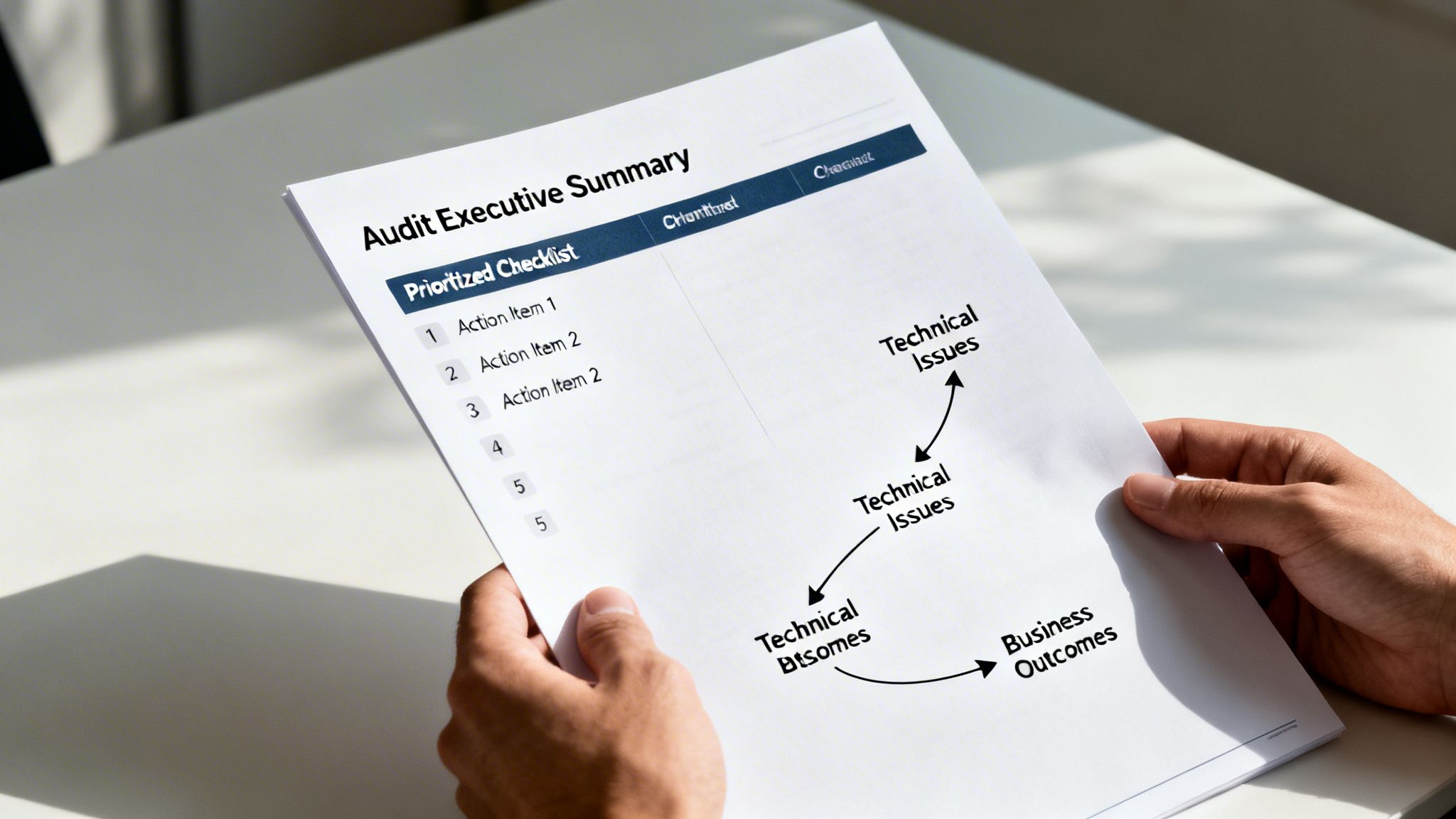 Person holding an audit executive summary document with a prioritized checklist and technical issues diagram.