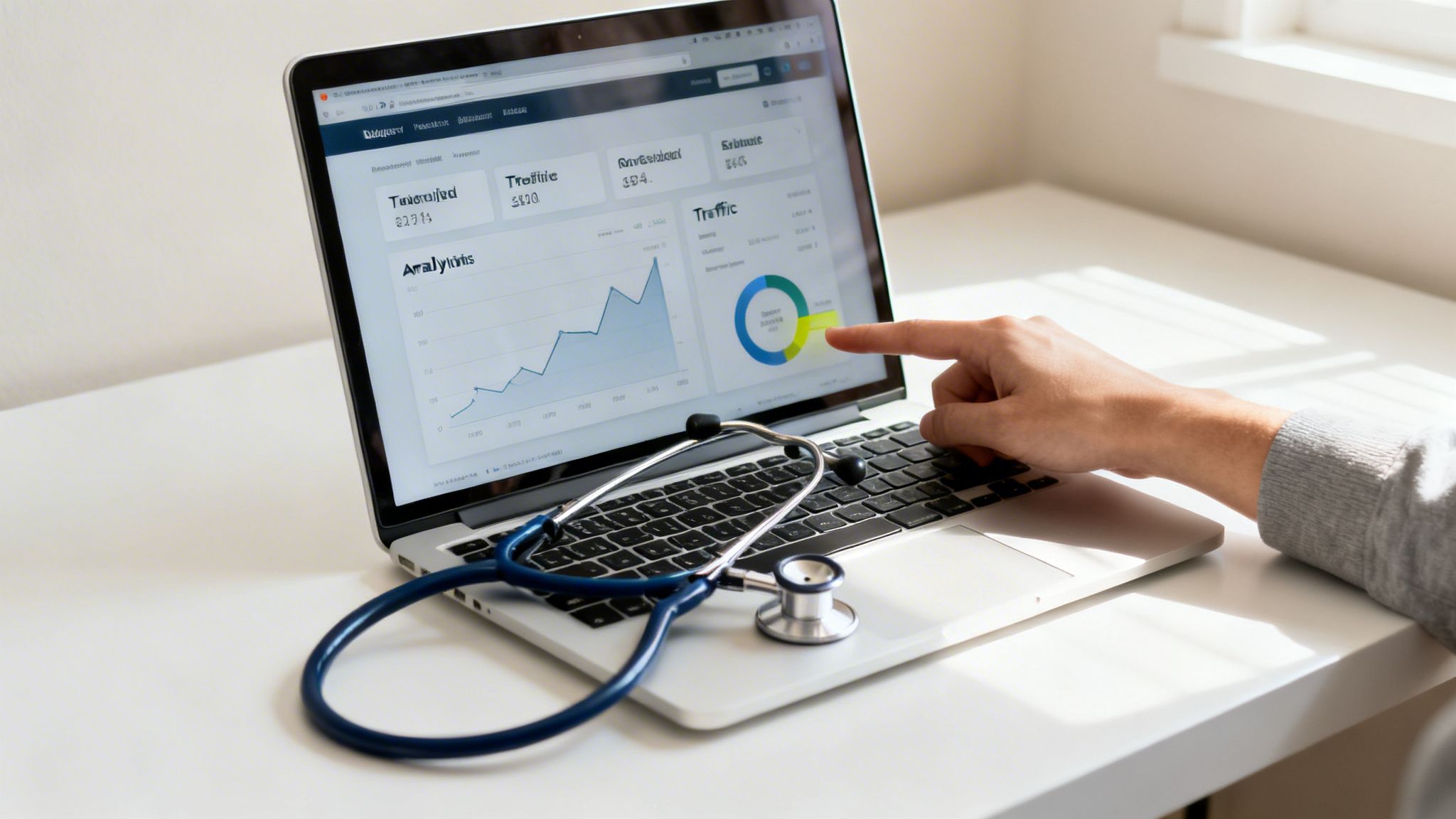 A hand points at a digital dashboard on a laptop with a stethoscope, analyzing data.