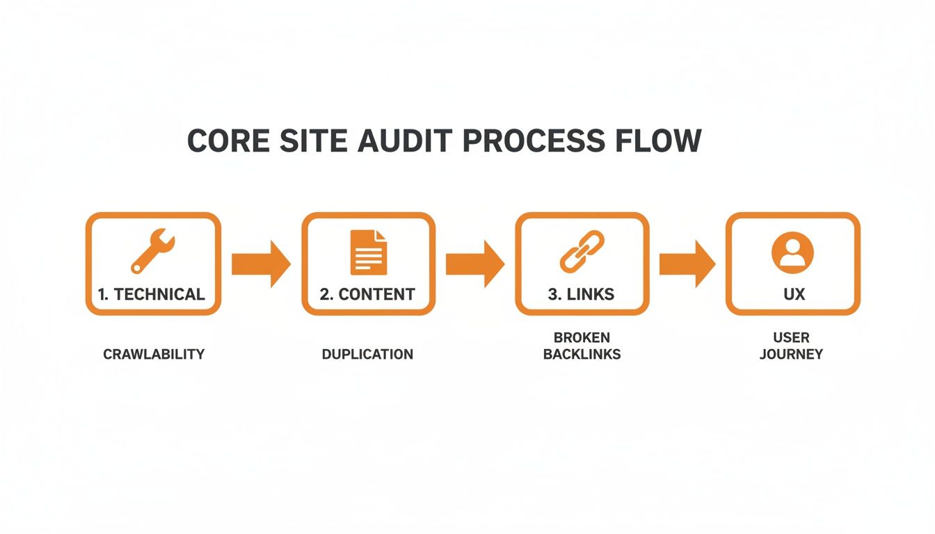 A core site audit process flow diagram outlining steps: Technical, Content, Links, and UX.