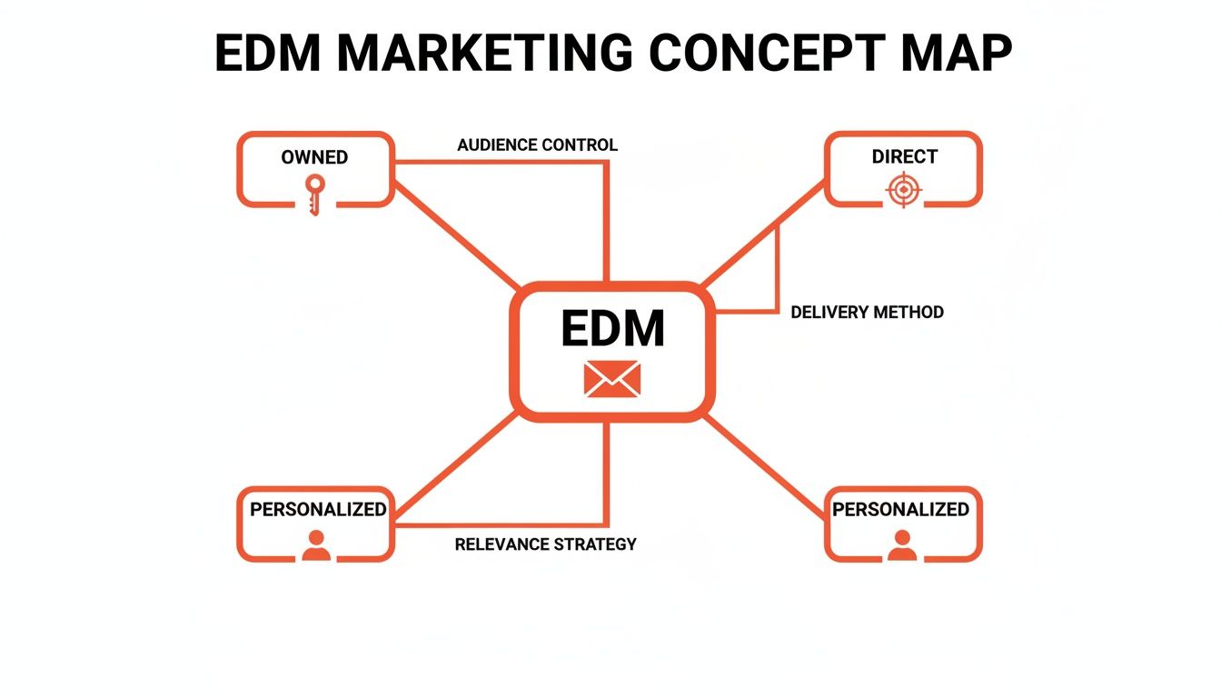 Concept map illustrating EDM marketing, connecting its core with owned, direct, and personalized strategies.