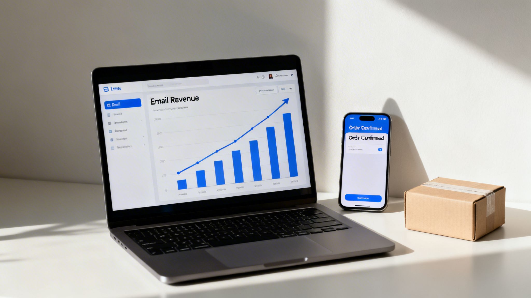 Laptop displaying an email revenue growth graph, a smartphone showing 'Order Confirmed', and a delivery box.