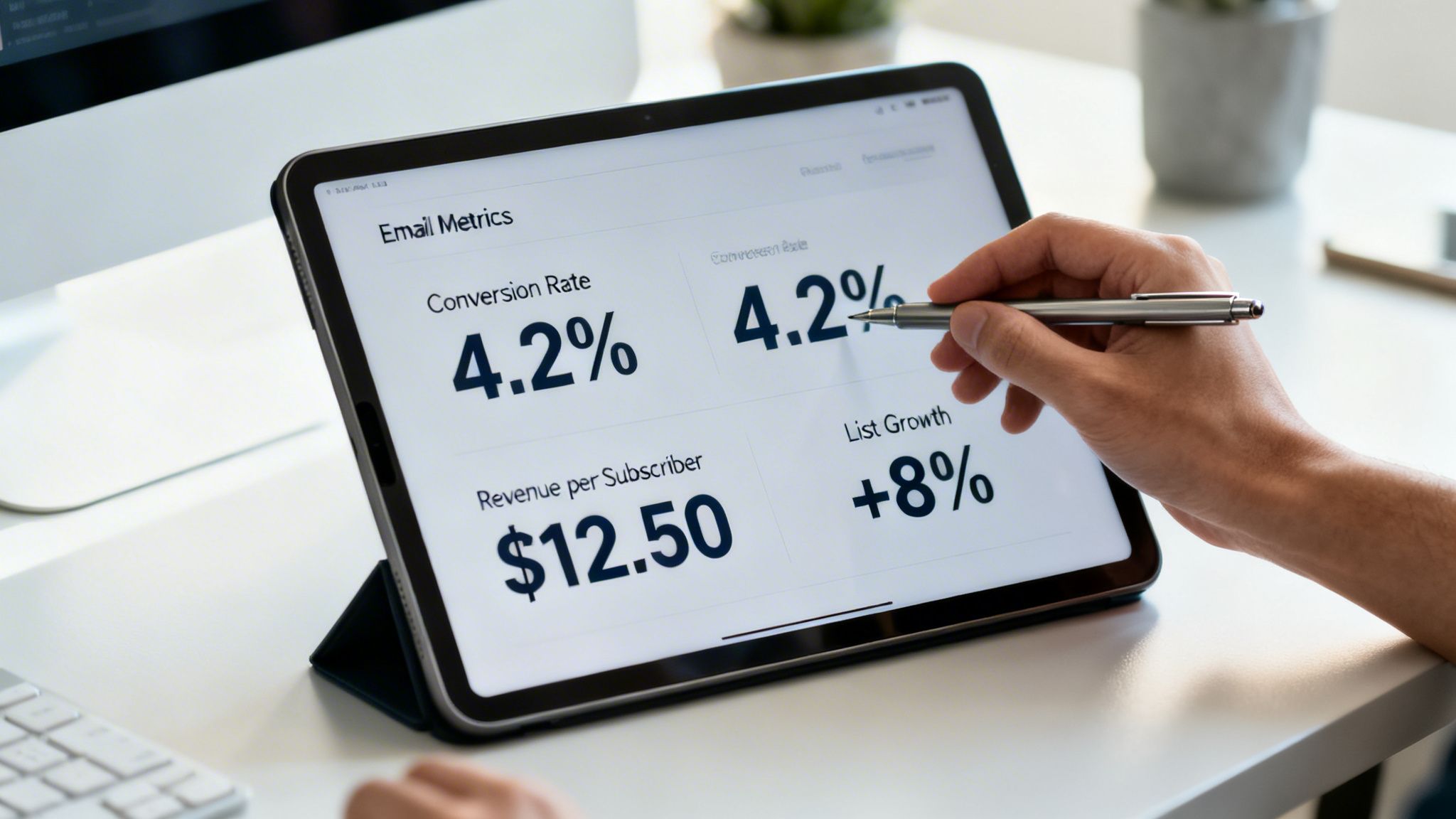 Close-up of a hand using a stylus on a tablet displaying email marketing metrics.
