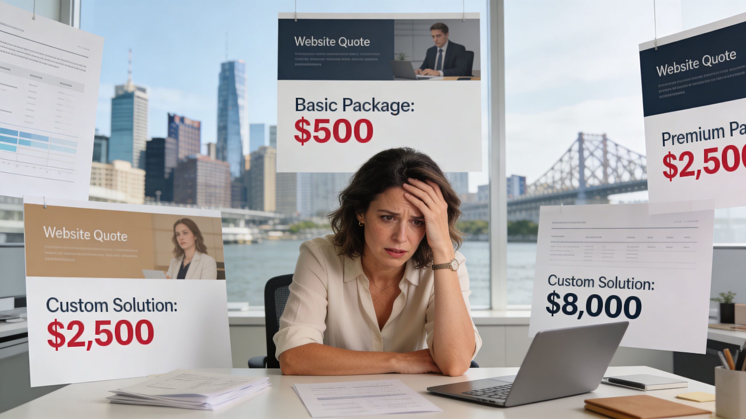 A stressed woman sitting at her office desk surrounded by various website design price quote documents.