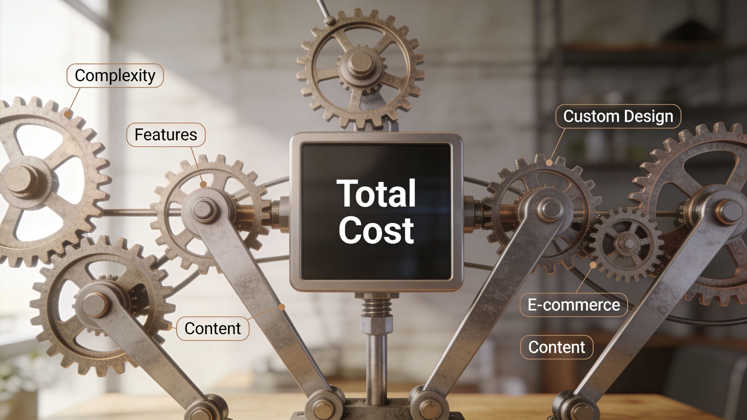 A mechanical gear system illustrating the various components that contribute to total website development costs.