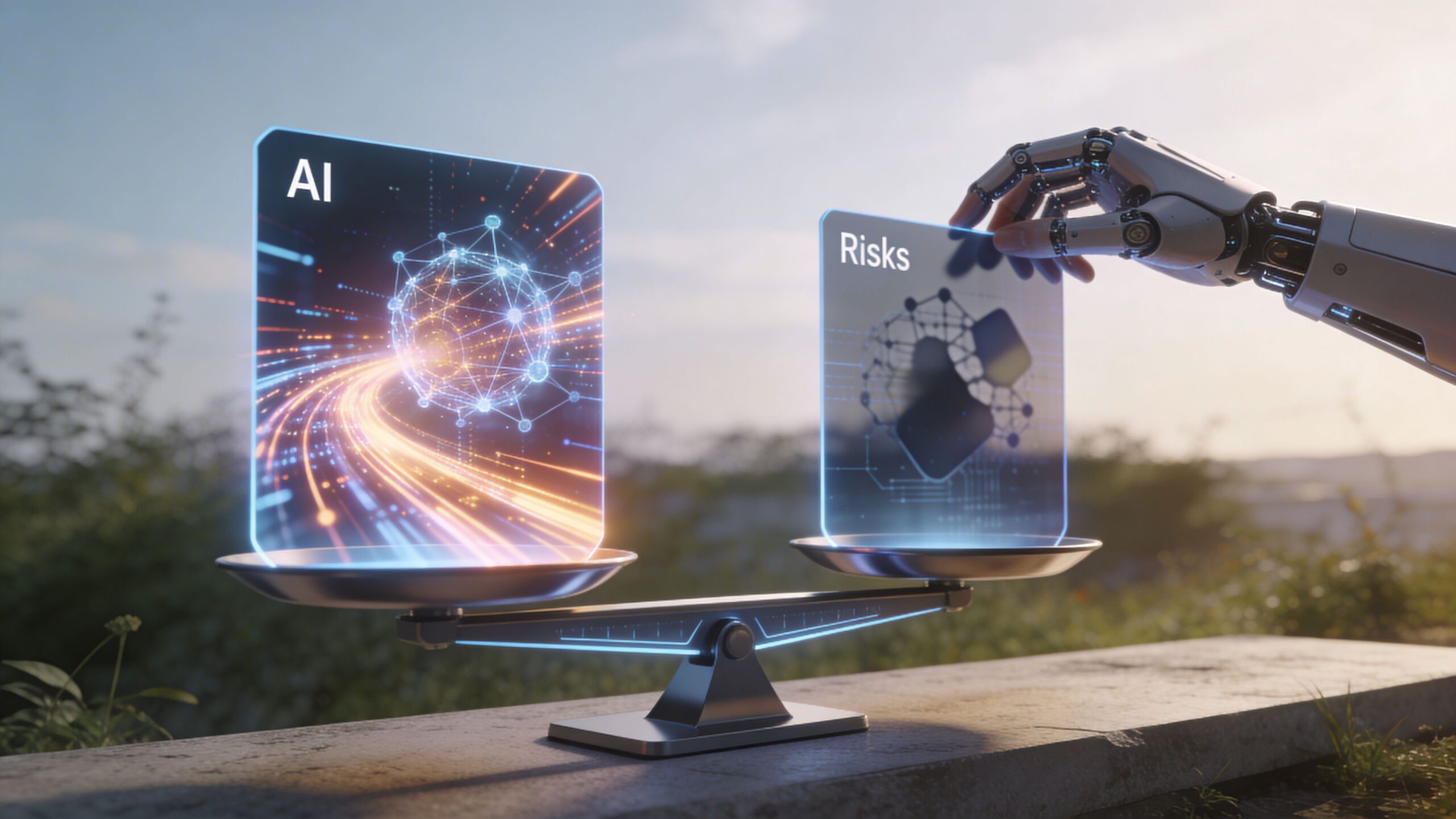 A robotic hand balancing a glowing digital display of AI and risks on a metal scale outdoors.