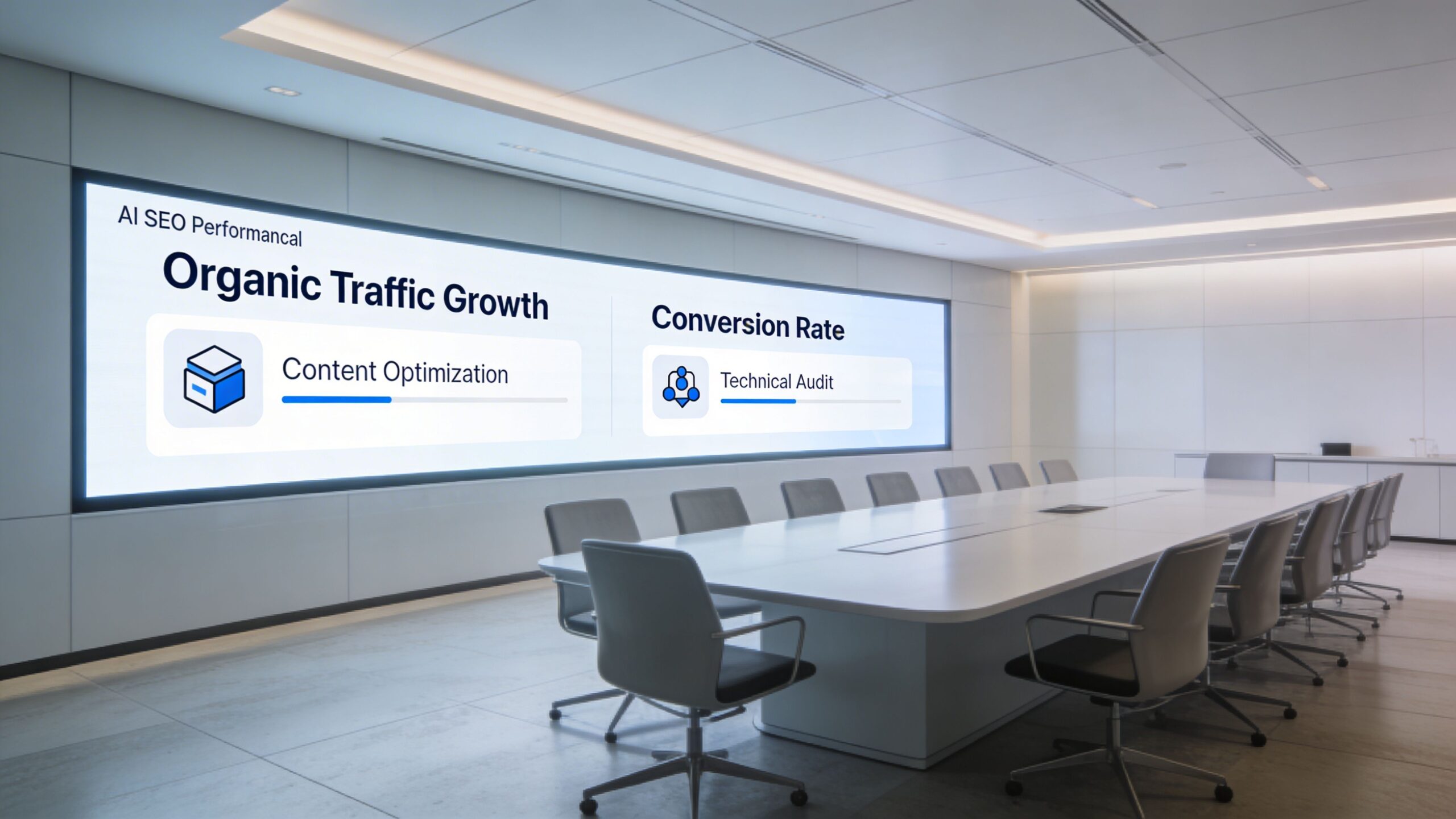 A modern boardroom with a large screen displaying AI SEO performance metrics for traffic and conversion rates.