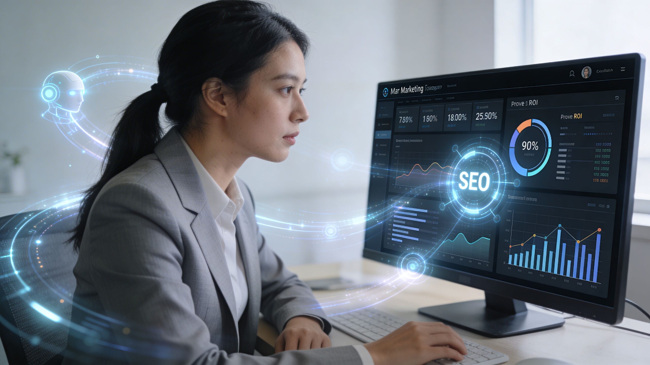 A professional woman using AI software to analyze marketing data and optimize website search engine performance.