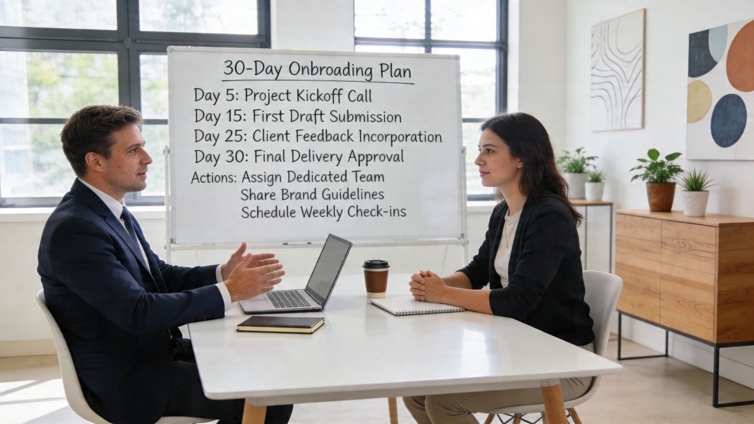 A professional man and woman in an office discussing a 30-day business onboarding plan on a whiteboard.
