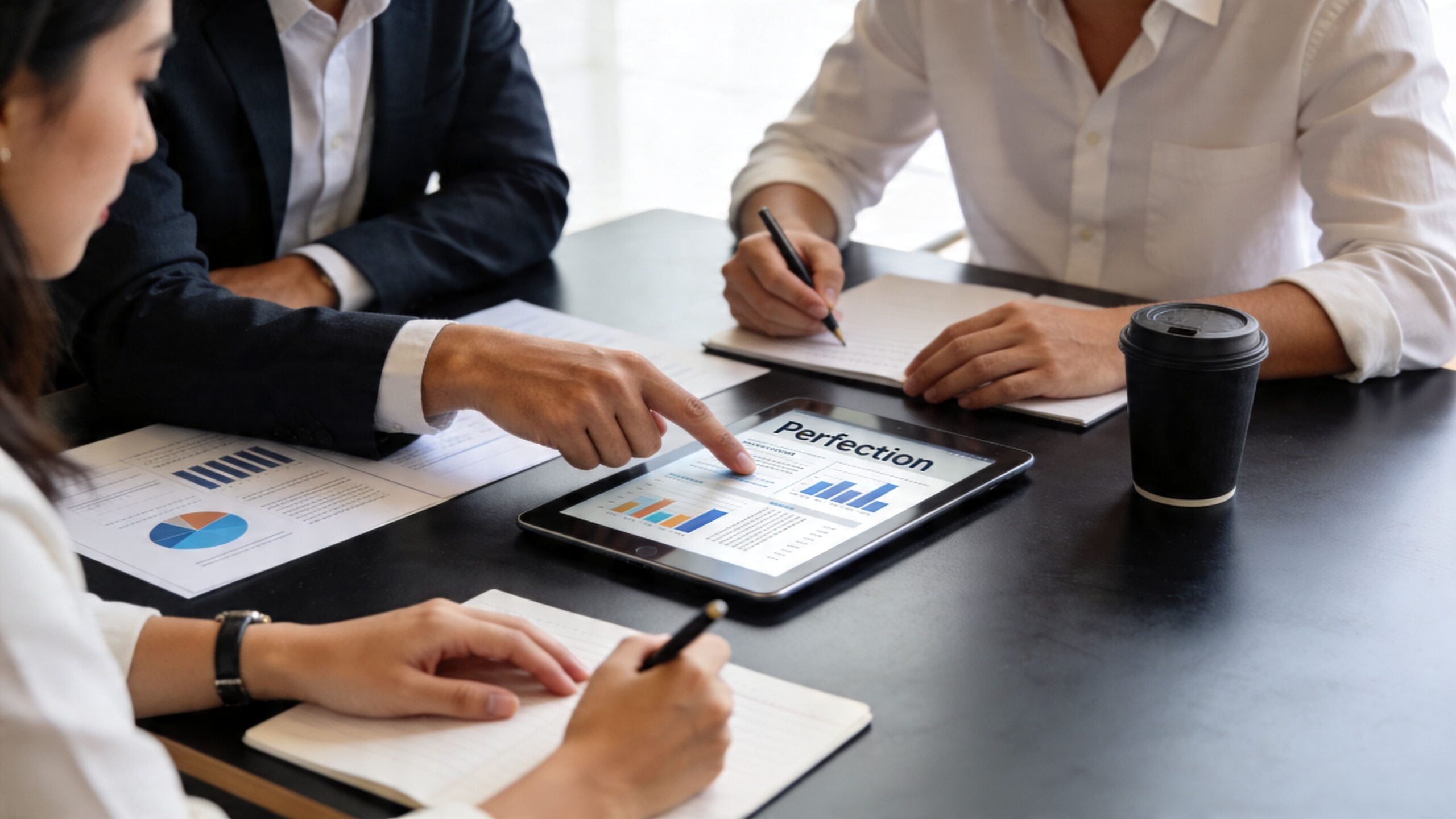 A group of professionals analyzing business charts and financial data on a tablet during a strategy meeting.