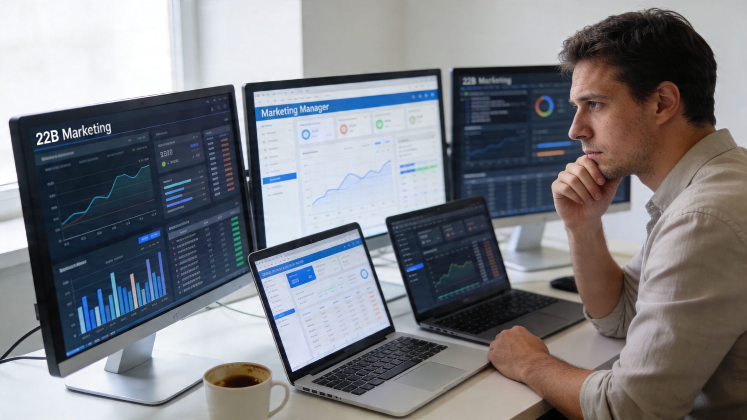 A professional marketing manager analyzing complex data dashboards on multiple computer screens while working at his desk.