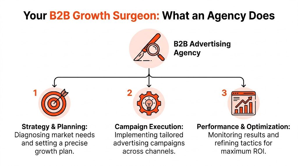 A diagram outlining the three core functions of a B2B advertising agency including strategy, execution, and optimization.