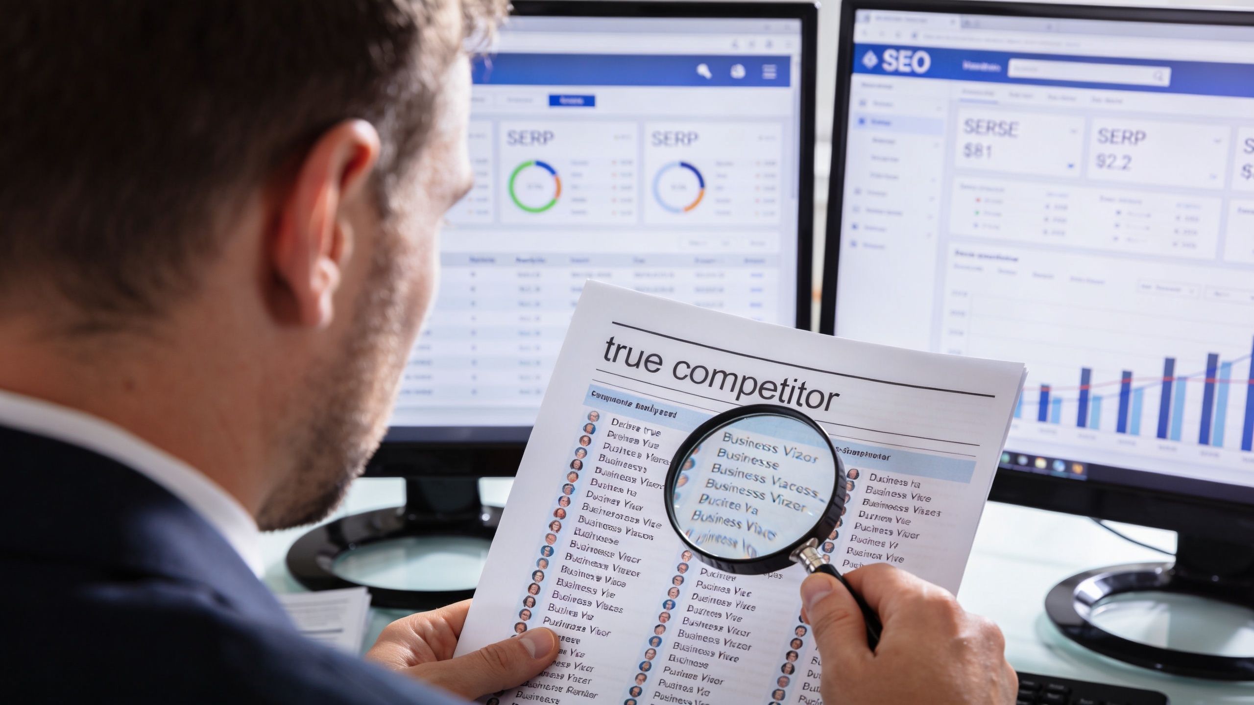 A professional analyzing a document labeled true competitor using a magnifying glass in an office.