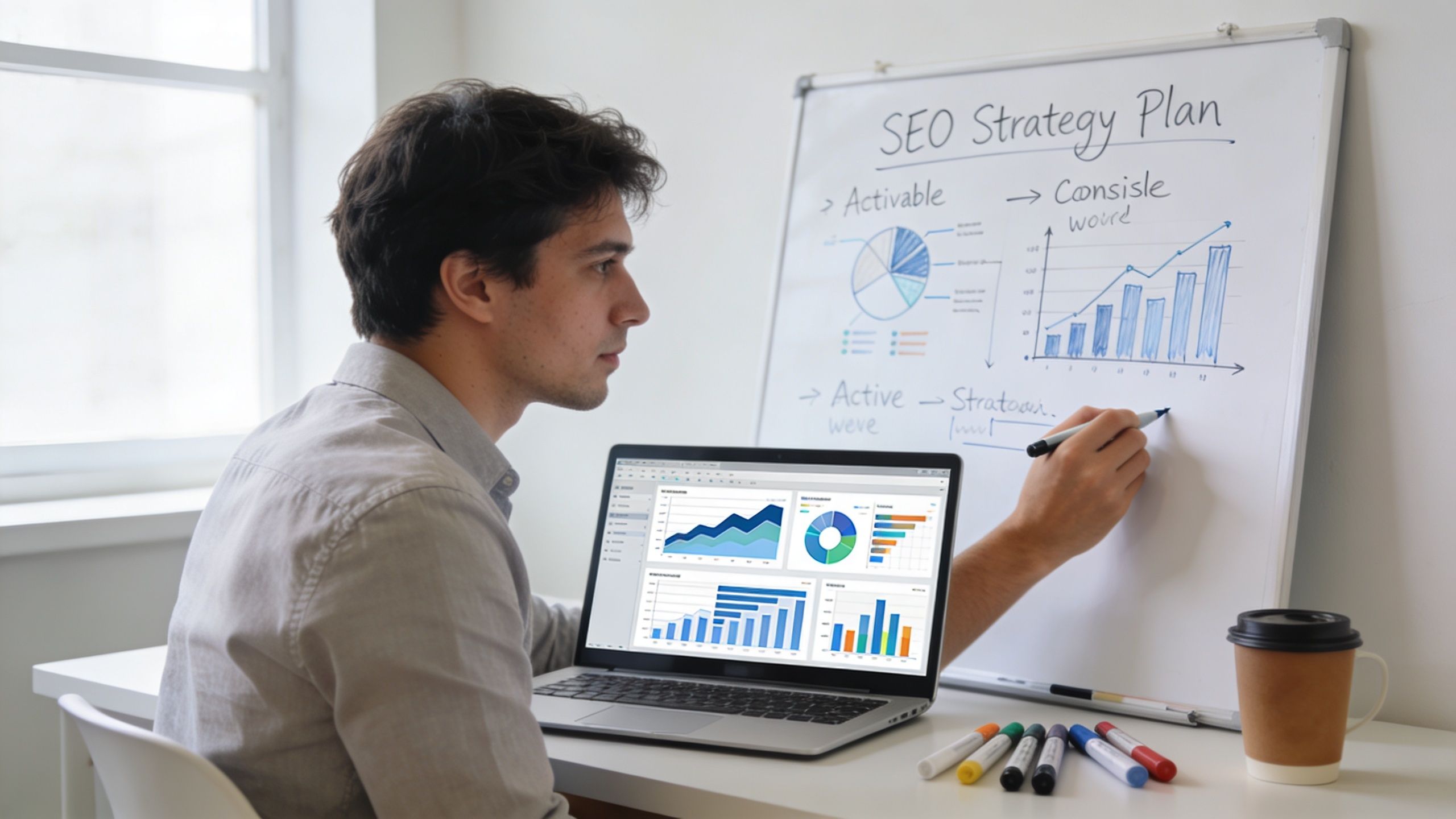 A professional analyzing SEO data while writing a digital marketing strategy on a whiteboard in an office.