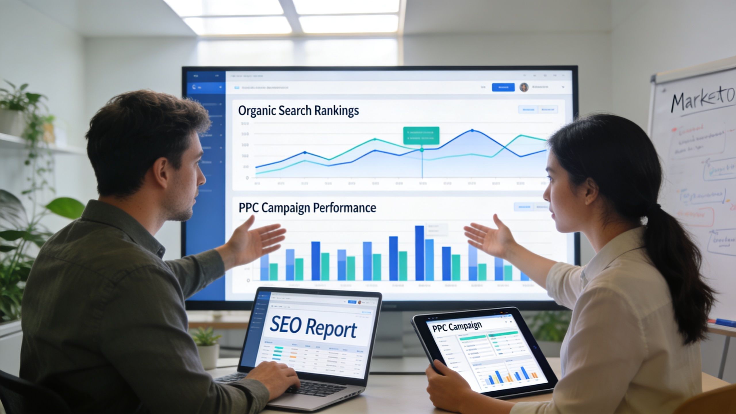 A man and a woman in an office discussing marketing analytics on a large screen.