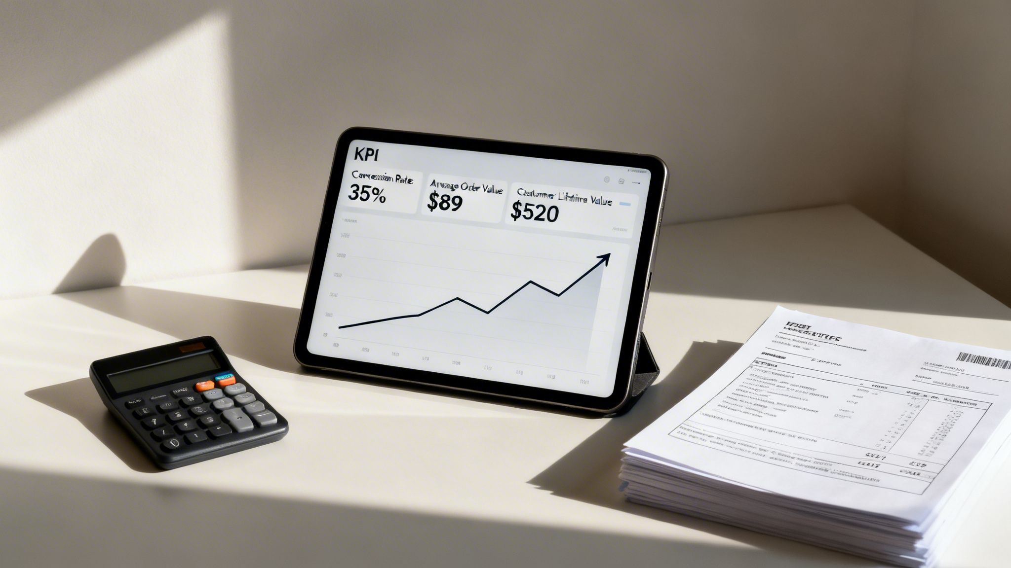 A tablet displays business KPIs including conversion rate, average order value, and customer lifetime value.