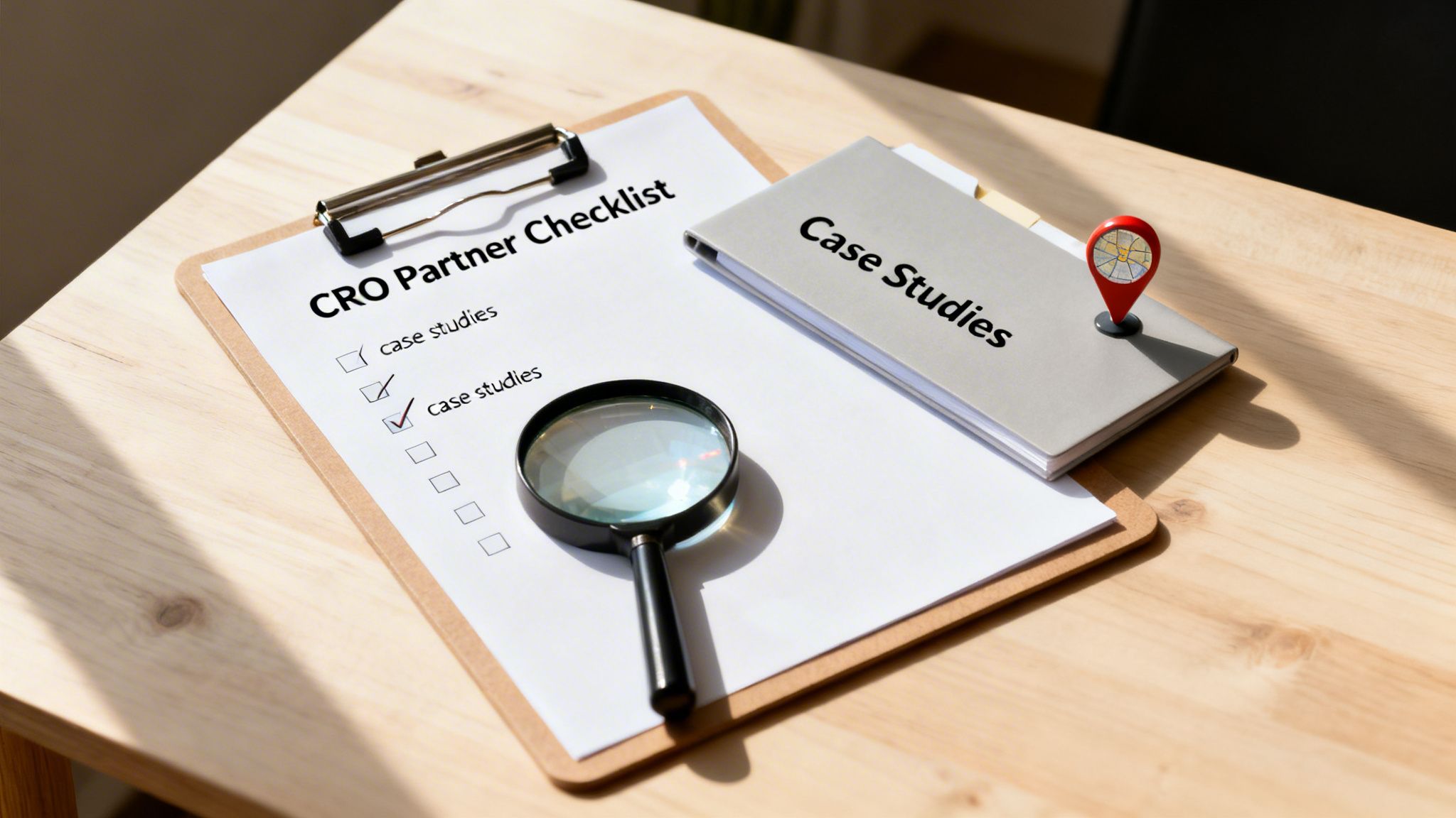 A CRO partner checklist with case studies checked, a binder, and magnifying glass on a desk.