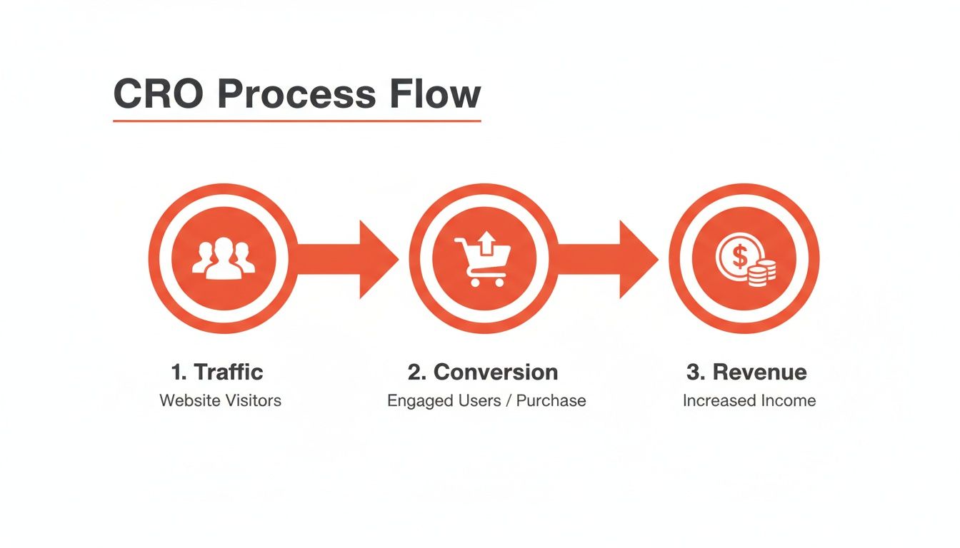 A diagram illustrating the CRO Process Flow, showing steps from website traffic to conversion and increased revenue.
