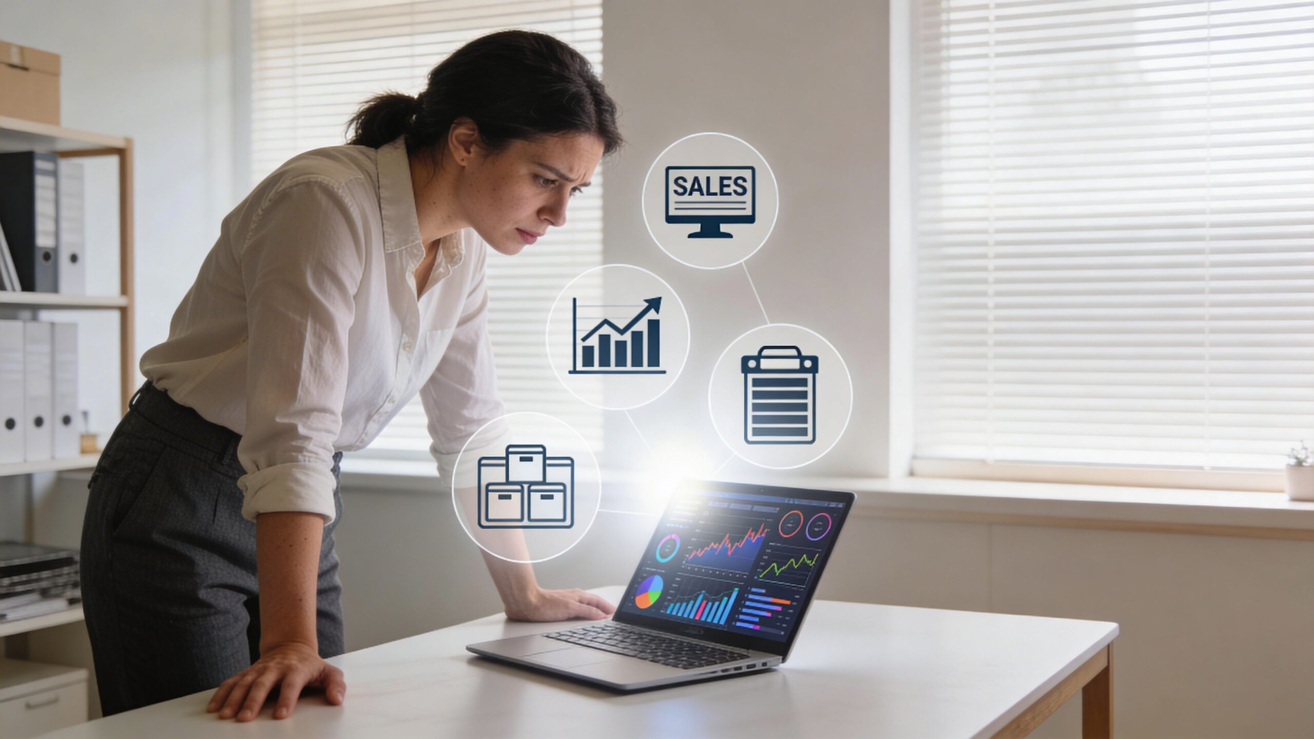 A focused businesswoman analyzes business performance metrics and data visualization displayed on her office laptop computer screen.