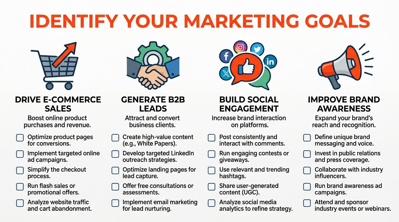 An infographic titled Identify Your Marketing Goals, outlining strategies for e-commerce sales, B2B leads, social engagement, and brand awareness.