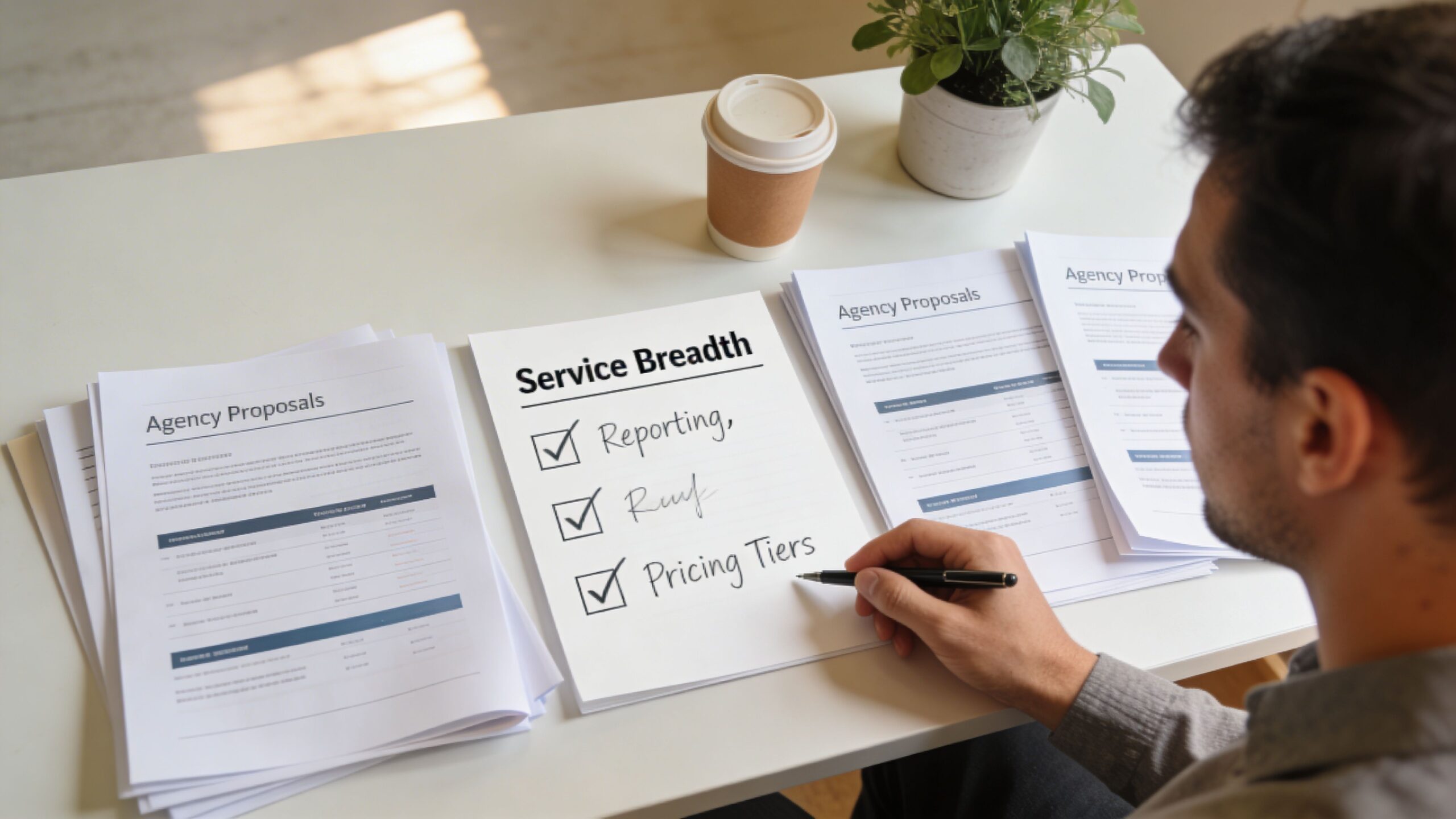 A professional analyzing service breadth proposals with a checklist on a white desk in an office.