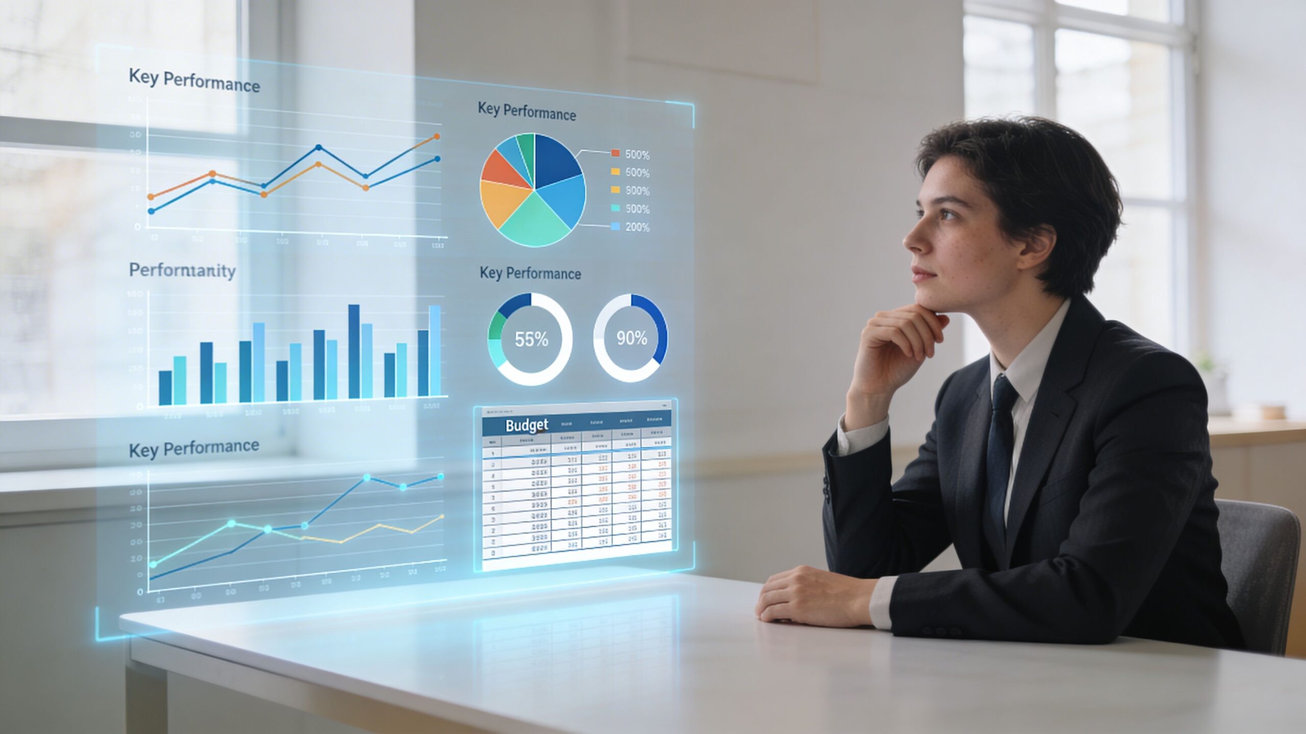 A professional analyzing futuristic data visualizations and financial budgets on a glowing digital holographic interface in office.