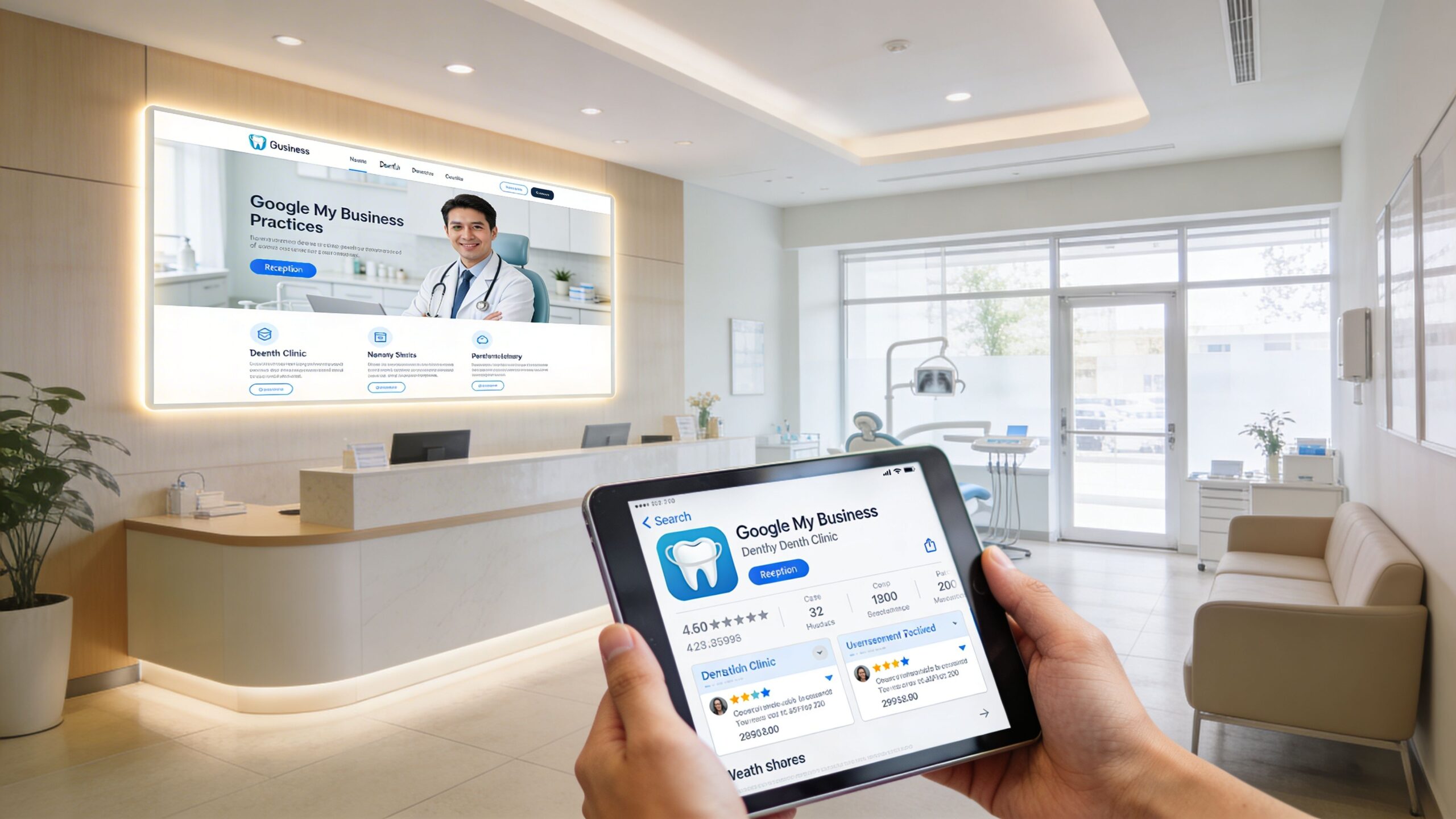 A tablet held in a clinic lobby displays Google My Business app data while a screen shows digital marketing.