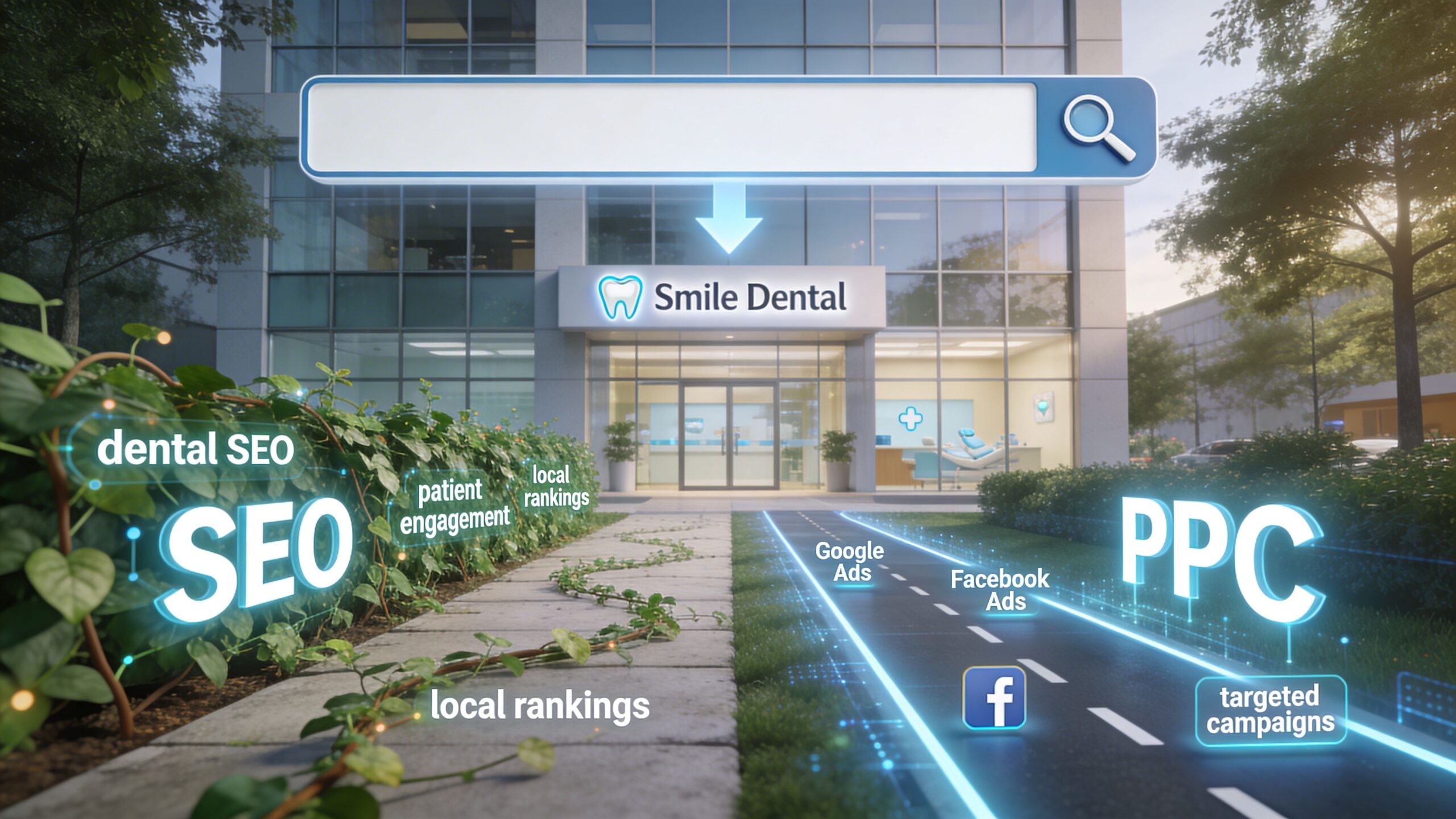 A conceptual graphic illustrating digital marketing strategies like SEO and PPC for a dental clinic business.