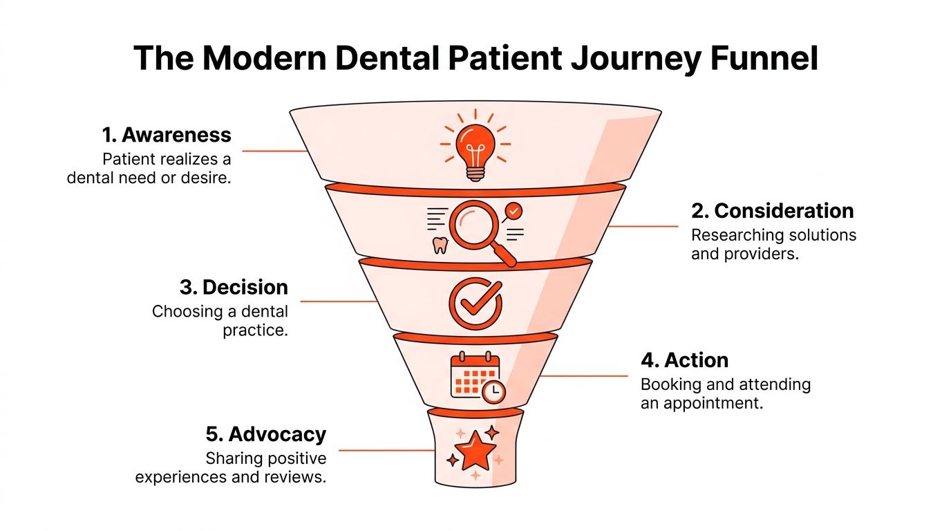 A diagram illustrating the modern dental patient journey funnel, showing five stages from awareness to advocacy.