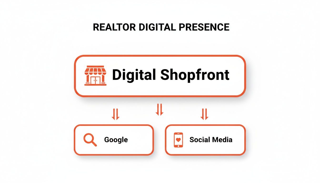 Diagram illustrating a realtor's digital presence, connecting a digital storefront to Google and social media.