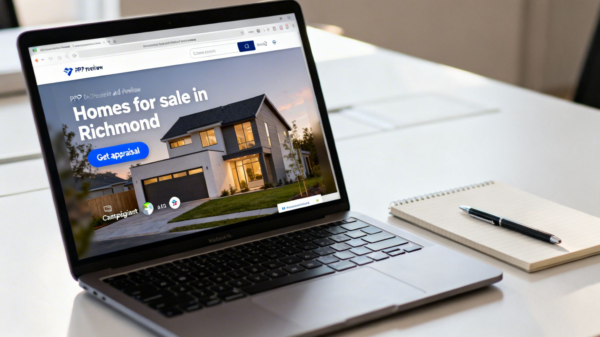Laptop displaying a real estate website with homes for sale in Richmond, next to a notebook and pen.