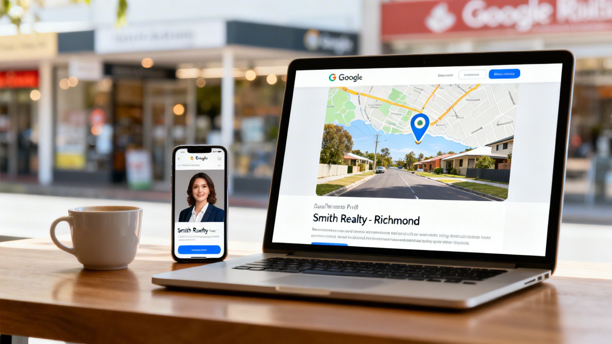 Laptop and smartphone displaying real estate search results for Smith Realty, including a map and agent profile.