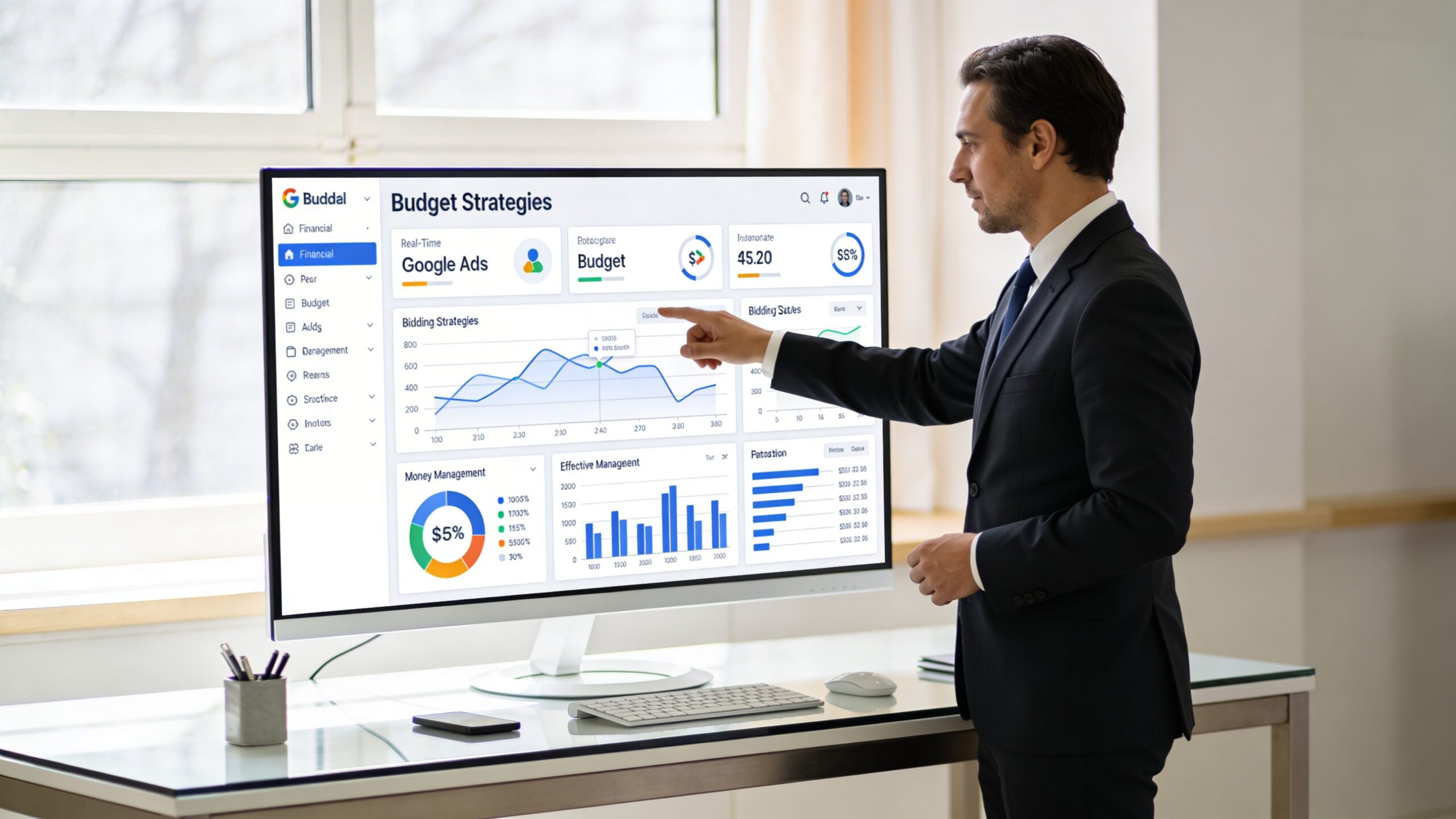 A professional man in a suit pointing at Google Ads budget strategy analytics on a computer monitor.