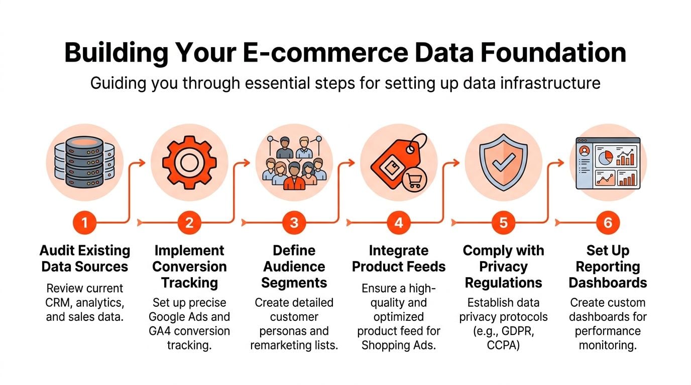 A six-step infographic detailing the essential process for building a comprehensive e-commerce data foundation.