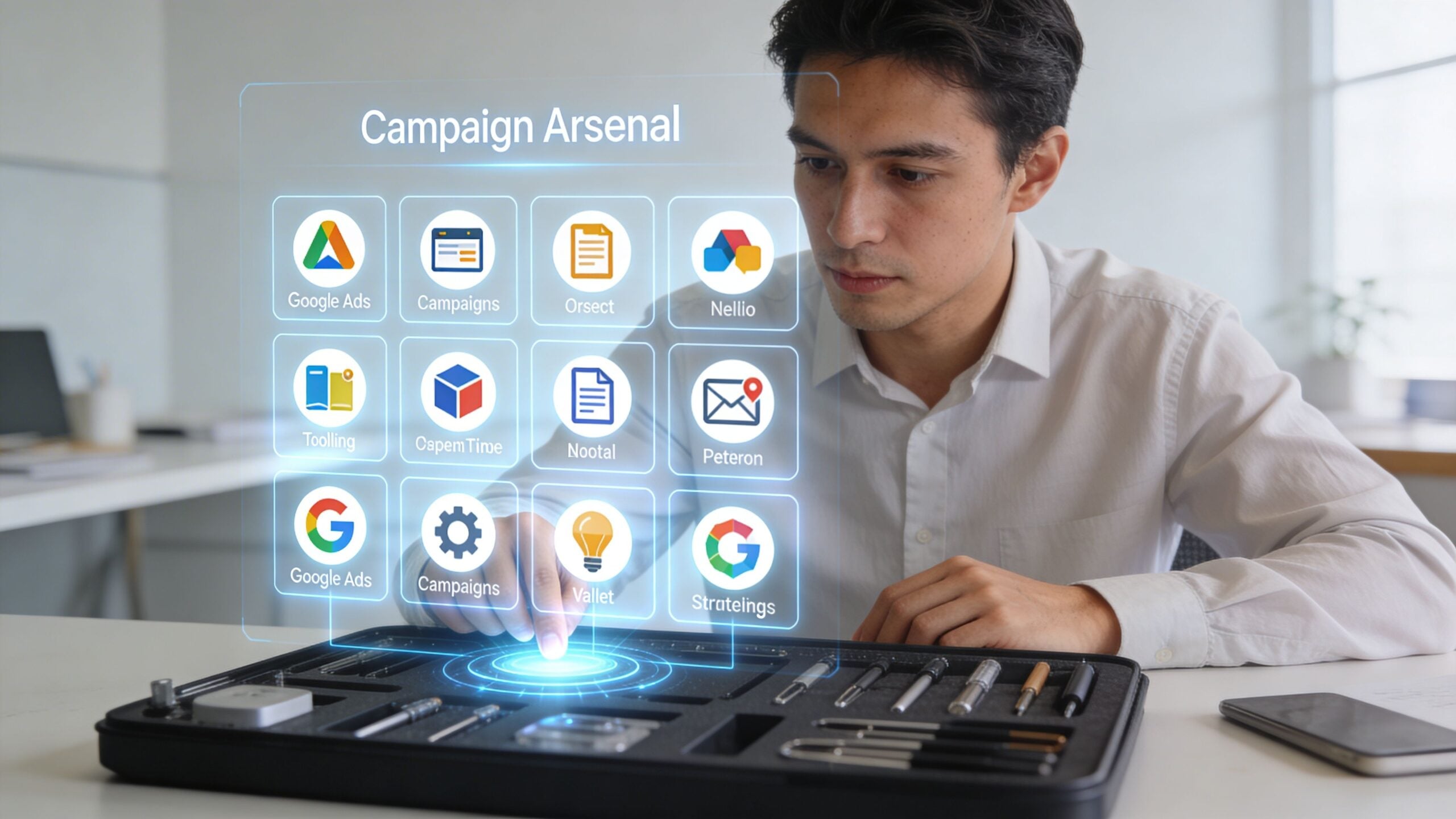 A professional man interacting with a holographic campaign management interface displaying digital marketing tools and icons.