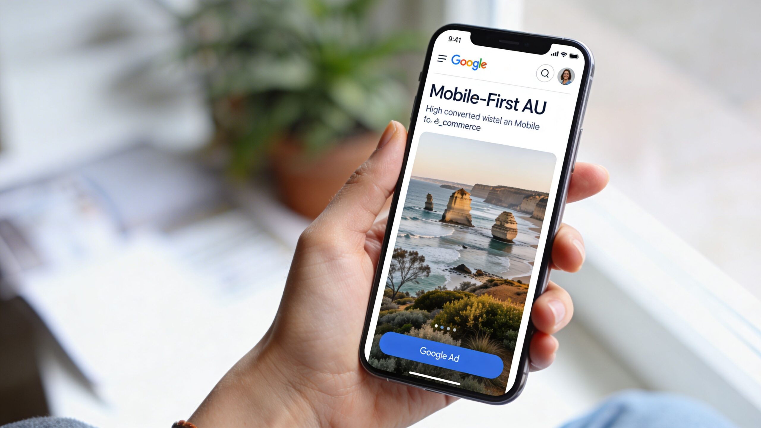 A person holding a smartphone displaying a Google search advertisement for mobile-first e-commerce solutions in Australia.