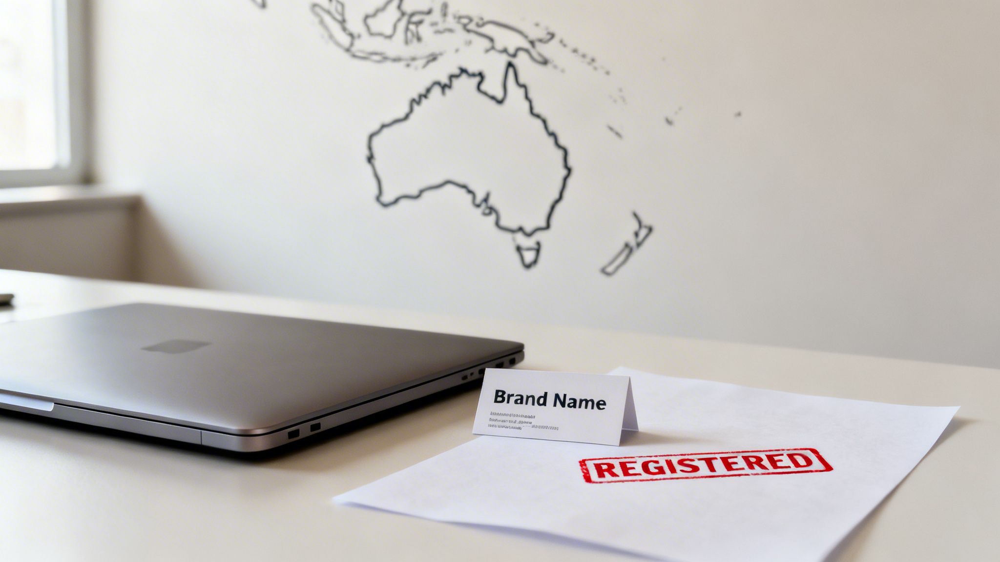 A laptop, 'Brand Name' business card, and 'REGISTERED' document on a desk with a world map.