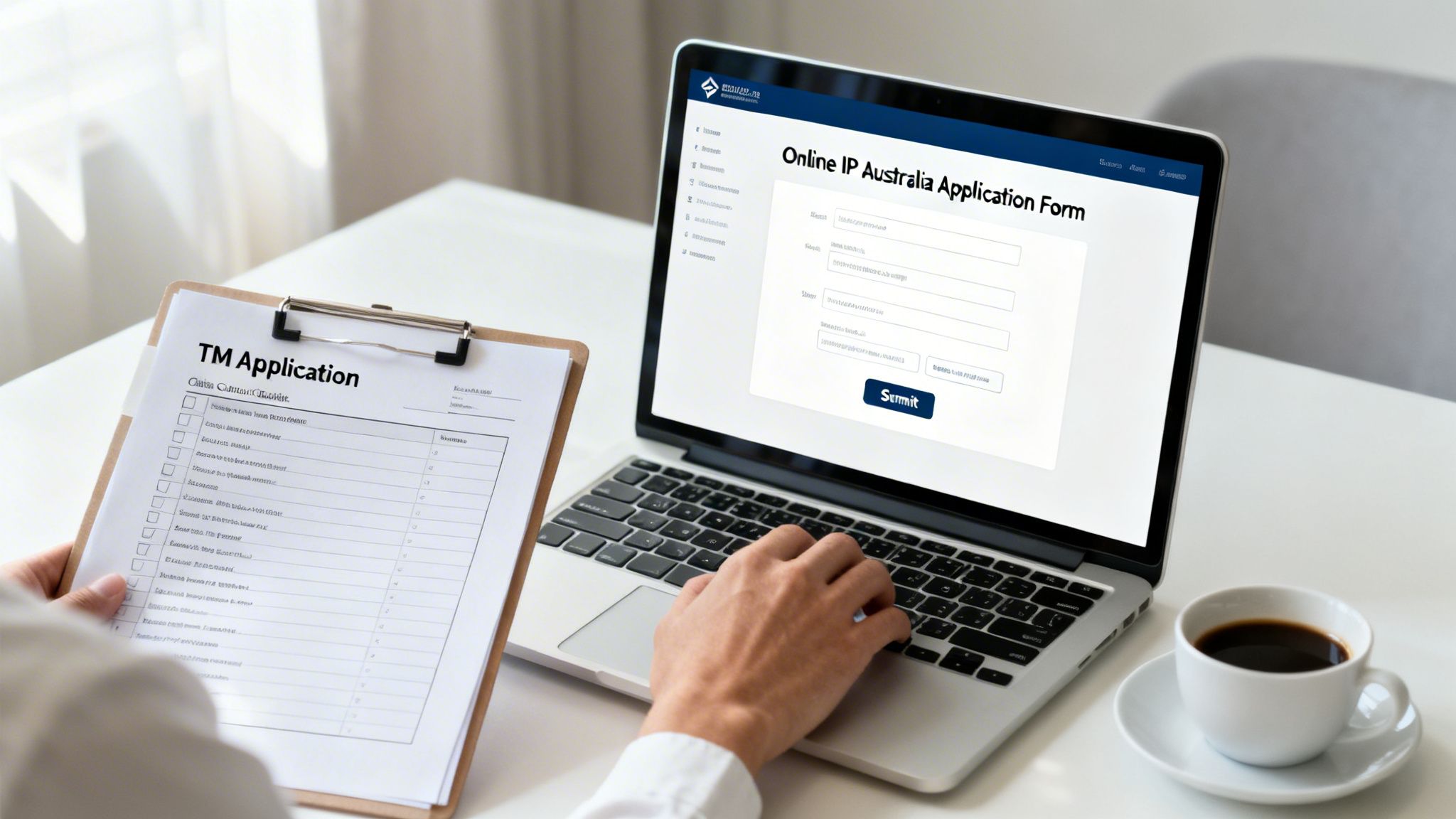 Person completing an online IP Australia application form on a laptop and reviewing a TM application checklist.