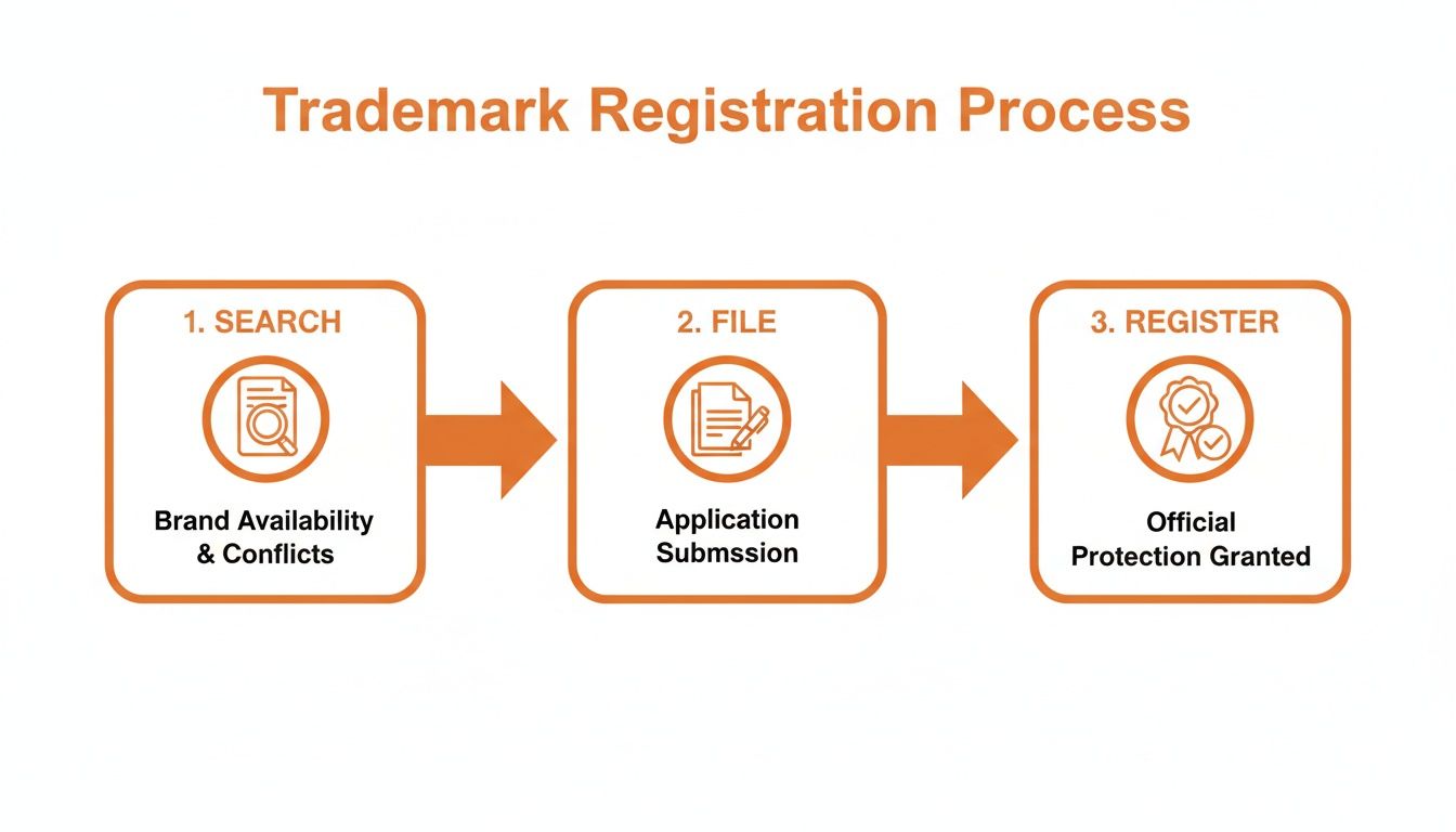 A clear flowchart illustrating the three essential steps of the trademark registration process: search, file, and register.