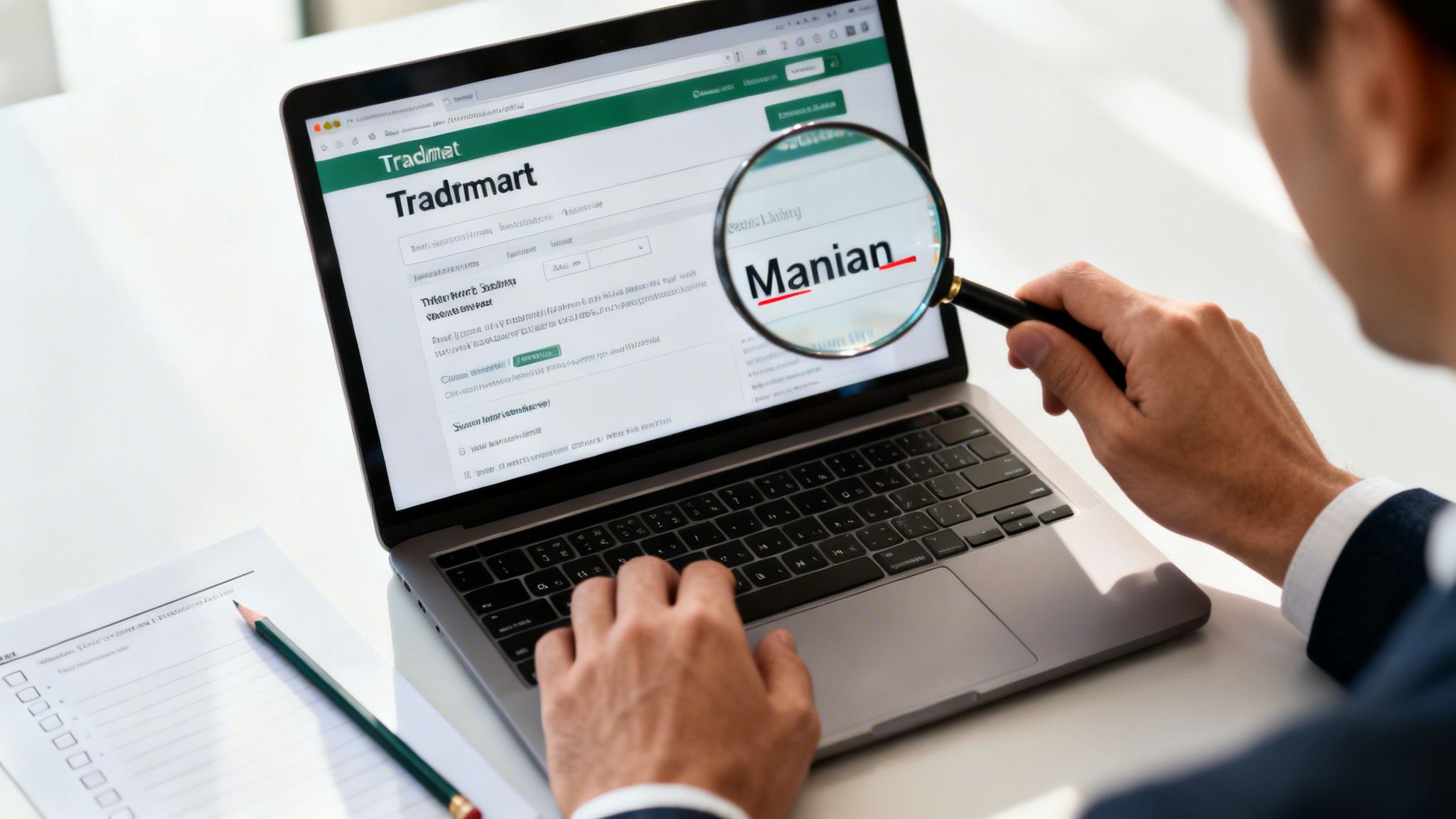 A person uses a laptop and a magnifying glass to research the name 'Manian' on a website.