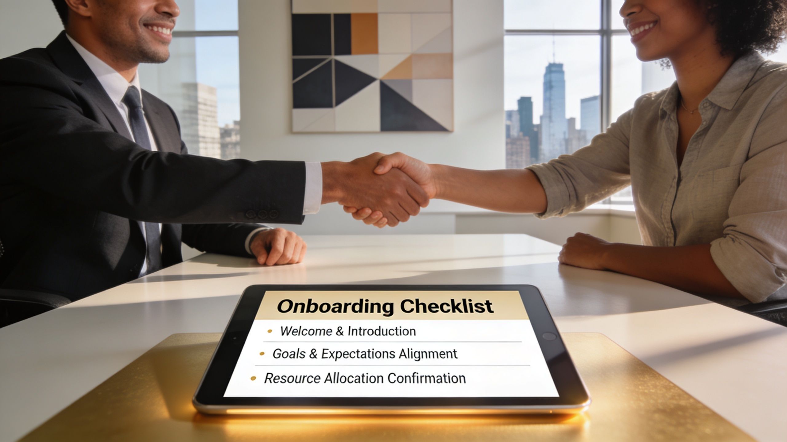 A professional man and woman shaking hands over an onboarding checklist displayed on a tablet screen.