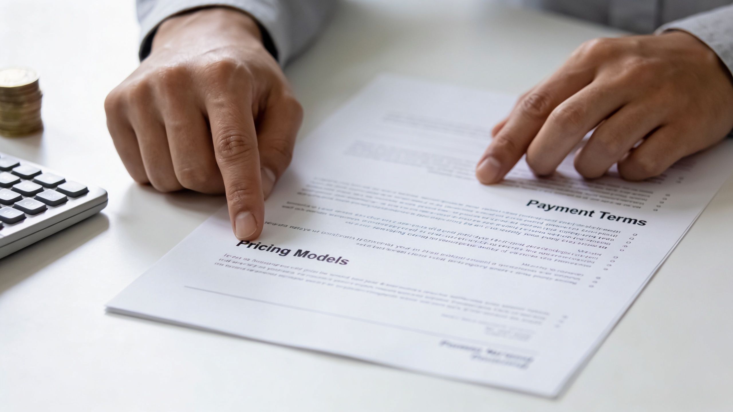 A professional analyzing a document outlining business pricing models and payment terms on a desk.