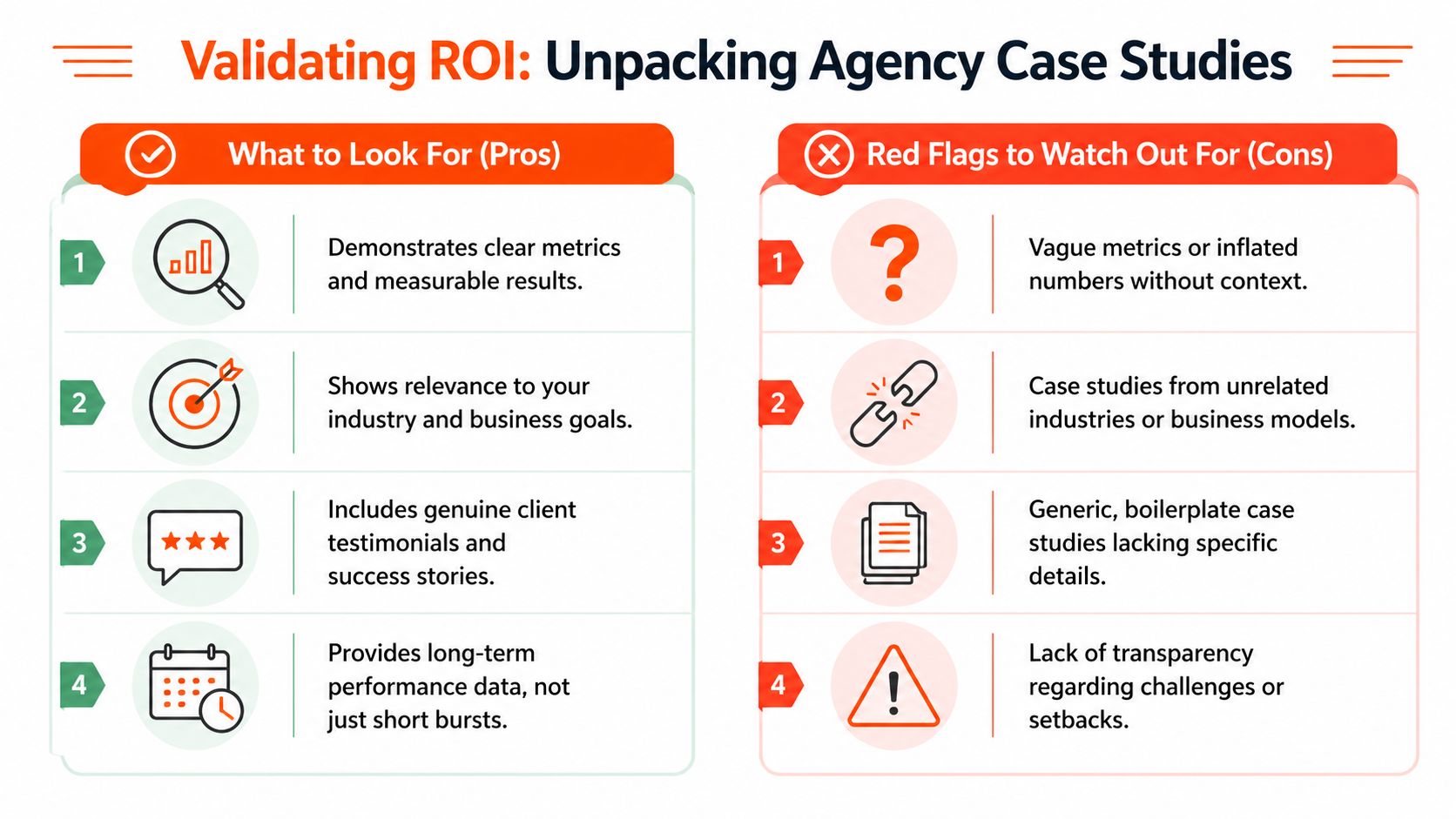 An infographic titled Validating ROI showing pros and cons to evaluate agency case studies effectively.