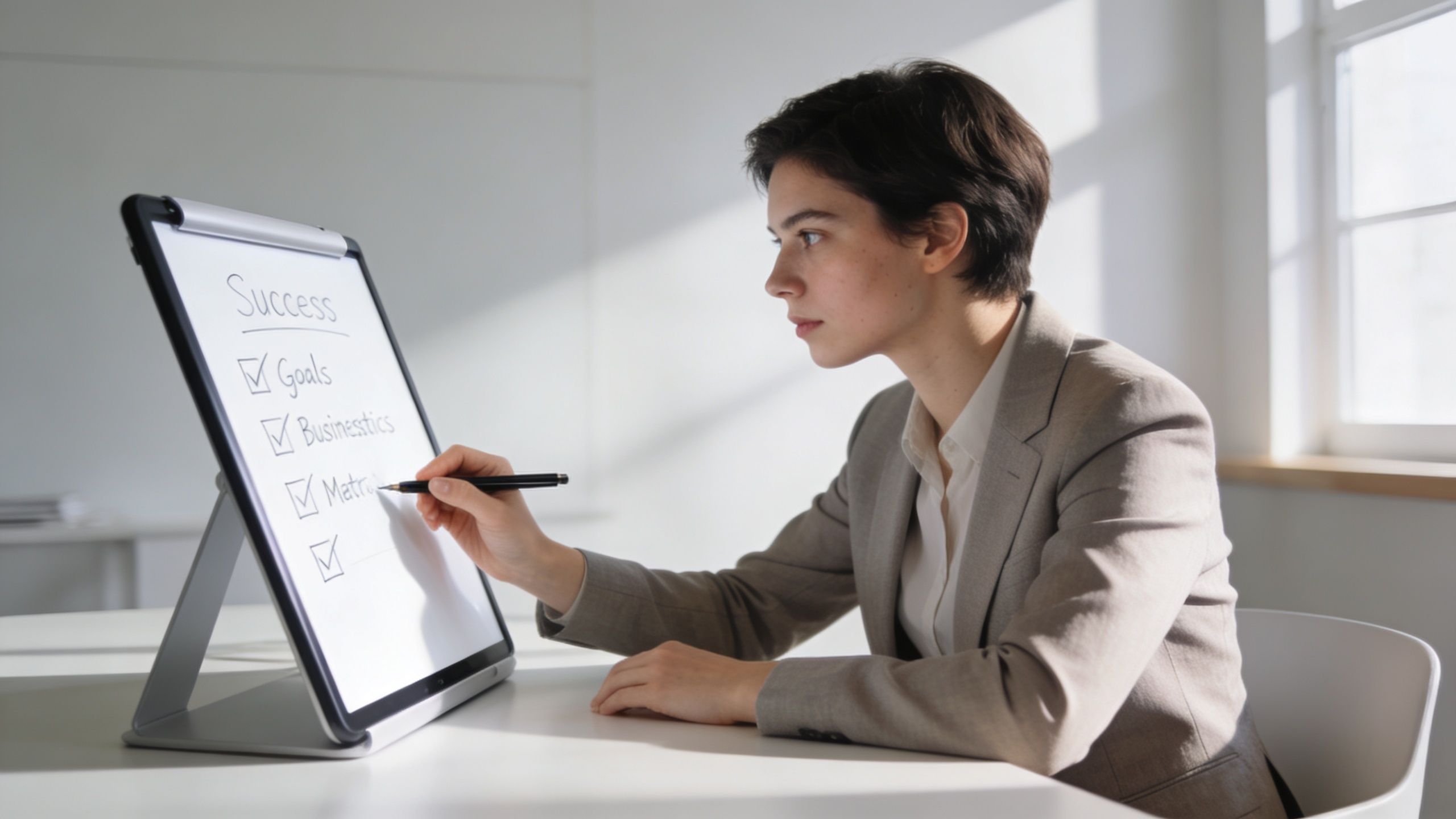 A professional woman in a suit ticking off items on a digital success checklist during a meeting.