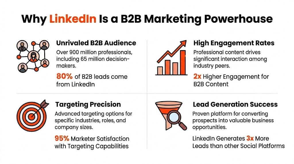 An infographic titled Why LinkedIn Is a B2B Marketing Powerhouse showing four key business marketing advantages.