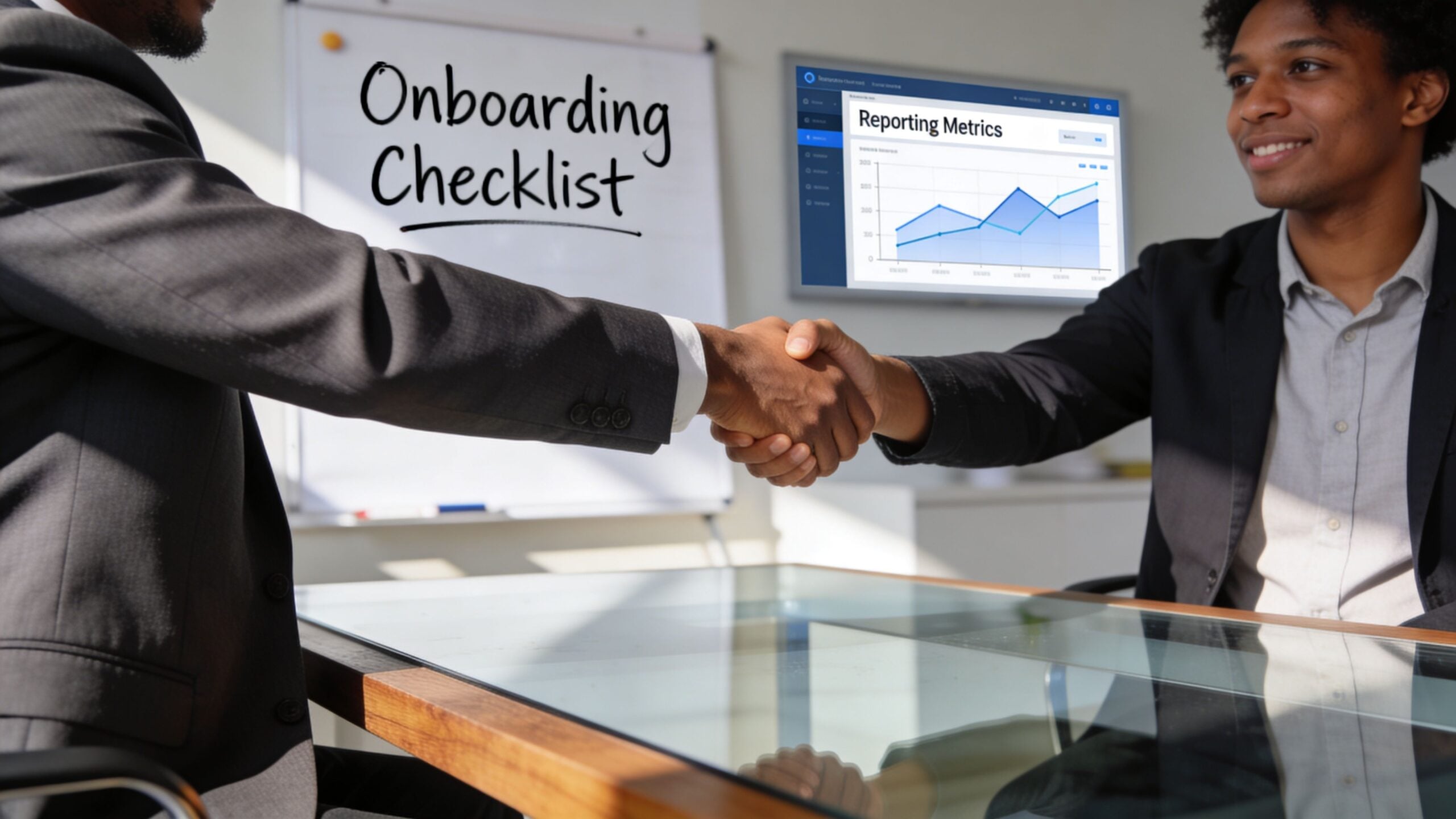 Two professional men in suits shaking hands in an office with business onboarding and metrics visuals.