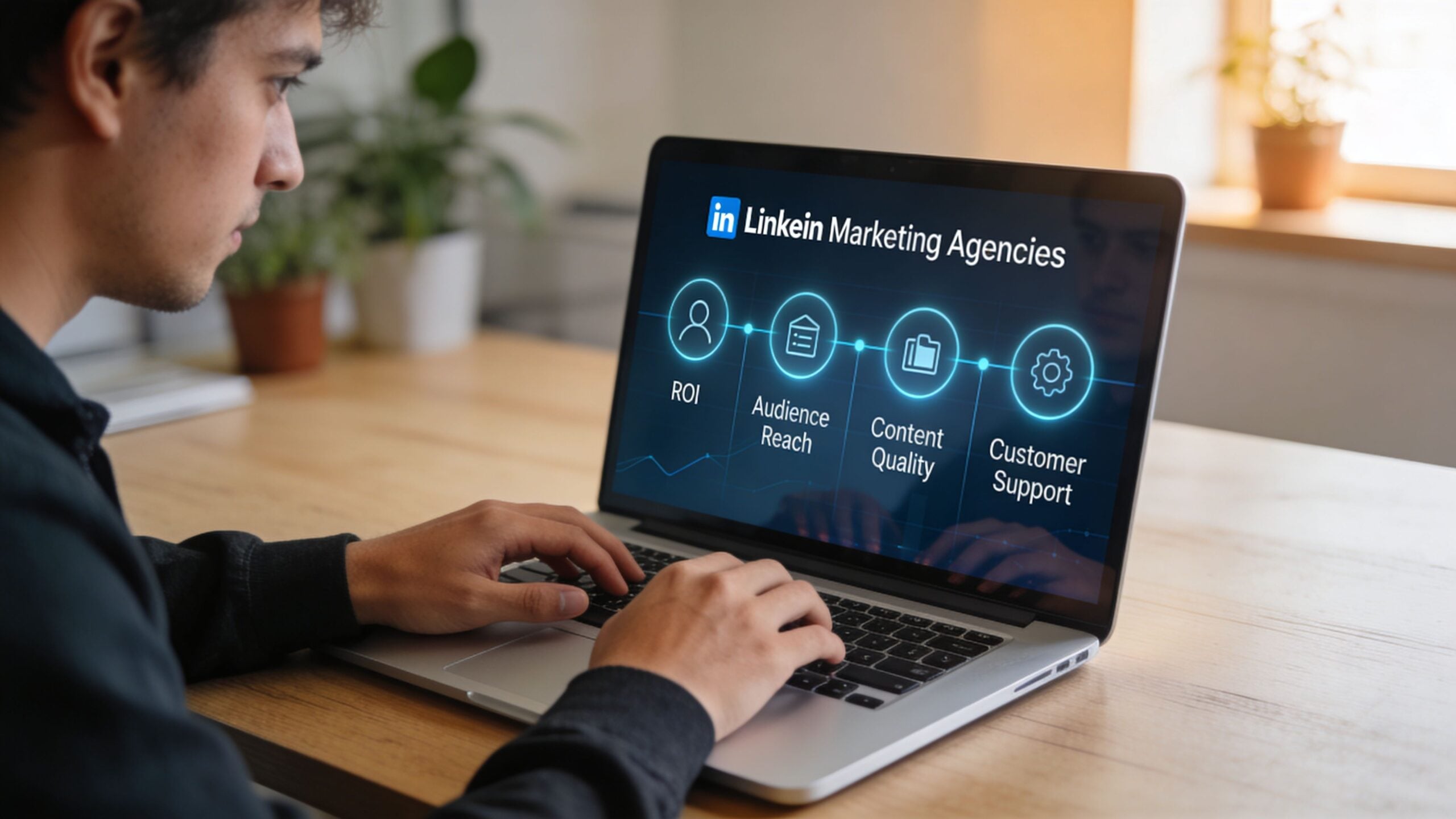 A young man sitting at a wooden desk using a laptop displaying LinkedIn marketing agency services infographics.