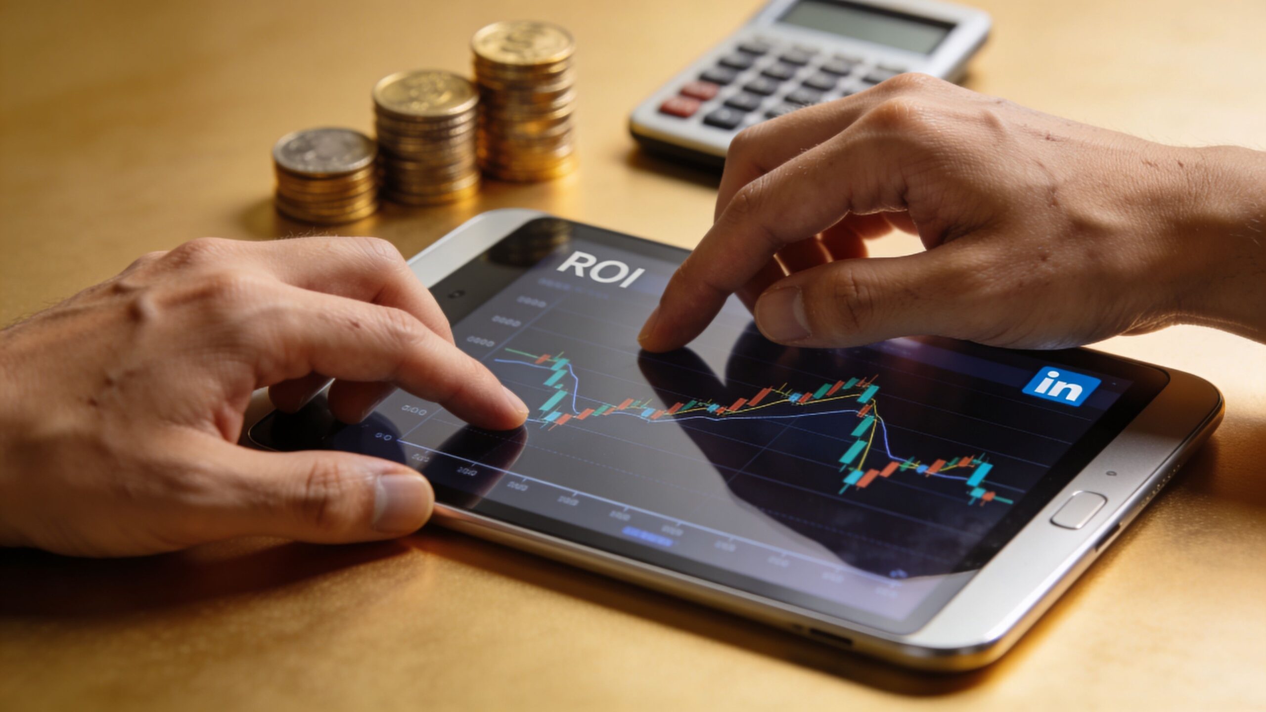 A person analyzing digital stock market charts on a tablet screen next to stacked gold coins.